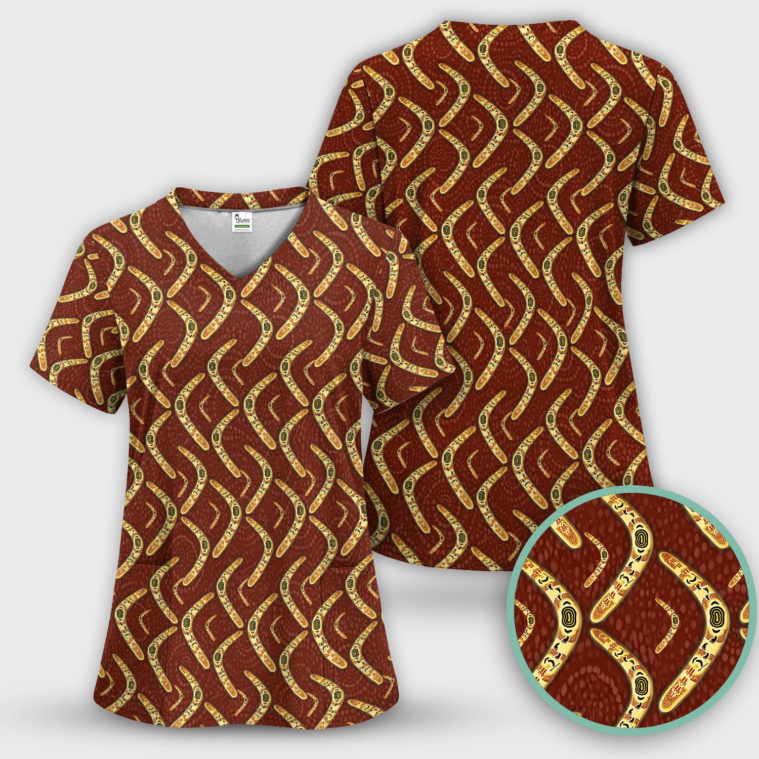 Aboriginal Boomerang Pattern Nurse Scrub Top, Breathable Fabrics Nursing Uniform