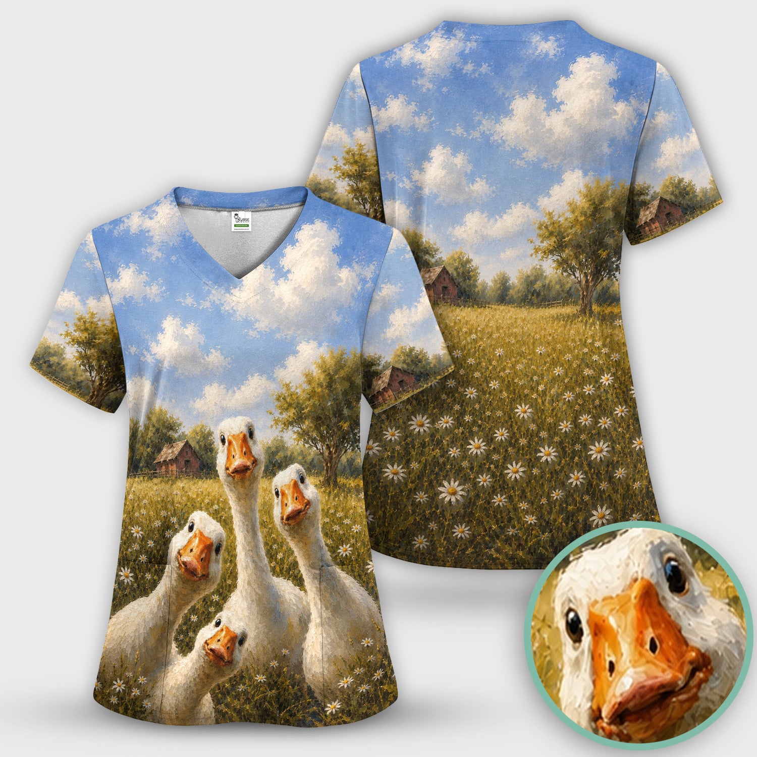 Cute Farmhouse Goose Meadow Pattern Scrub Top, Comfortable Scrubs for Nurses
