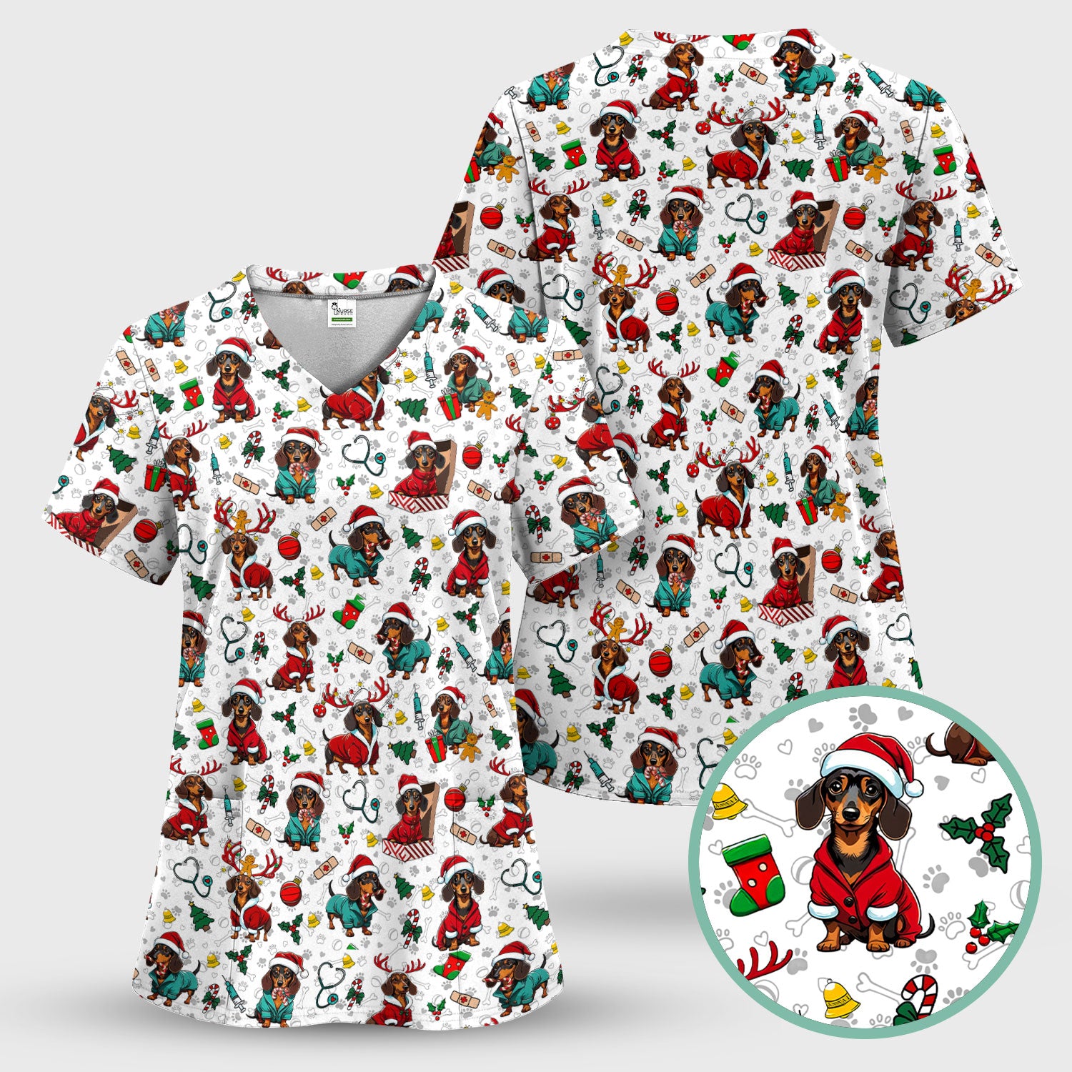 Christmas Dachshund Scrubs for Nurses - Cute Sausage Dog Holiday Scrub Top - Funny Reindeer & Santa Medical Shirt for Women