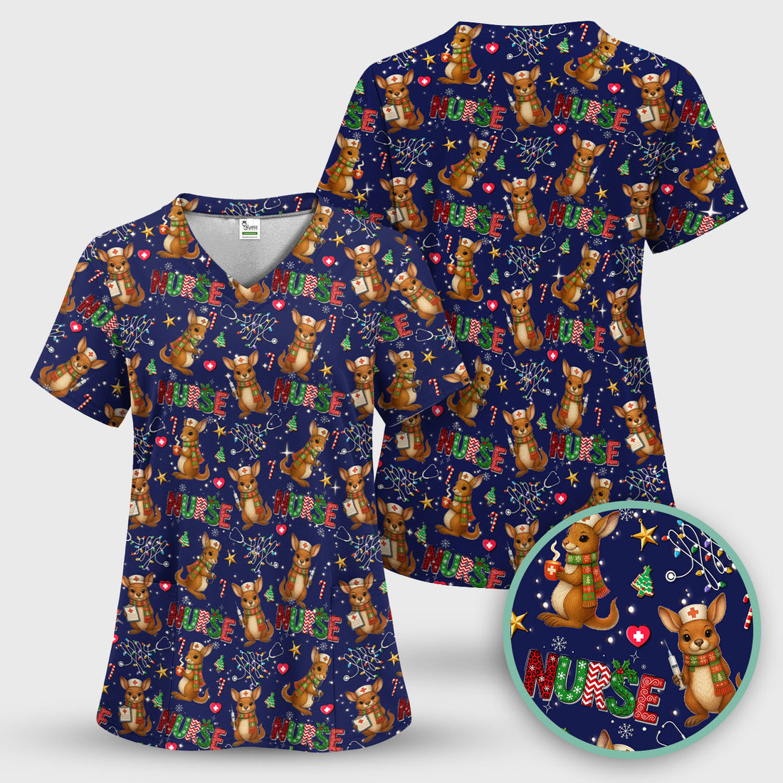 Christmas Kangaroo Nurse Scrub Top - Cute Aussie Holiday Medical Uniform - Funny Xmas Scrubs for Women