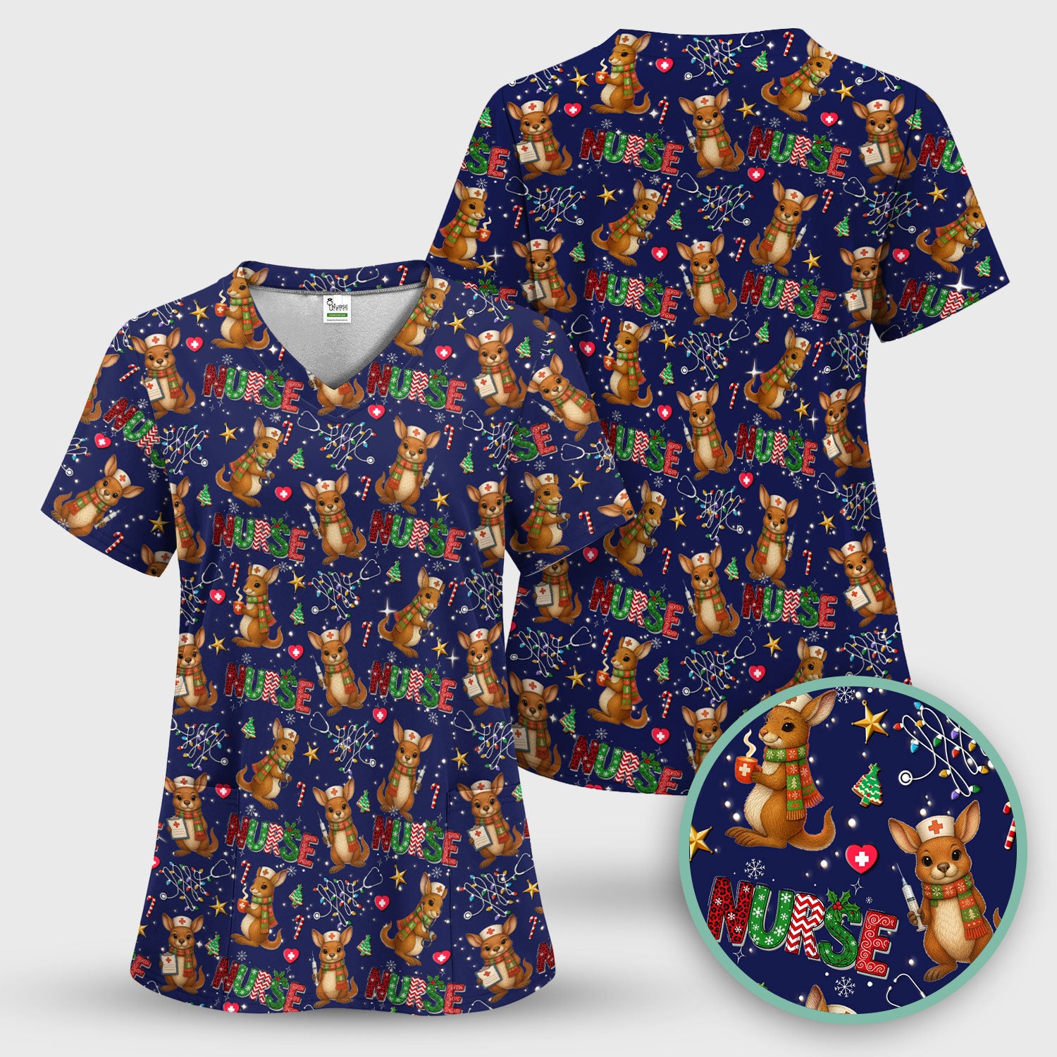 Christmas Kangaroo Nurse Scrub Top - Cute Aussie Holiday Medical Uniform - Funny Xmas Scrubs for Women