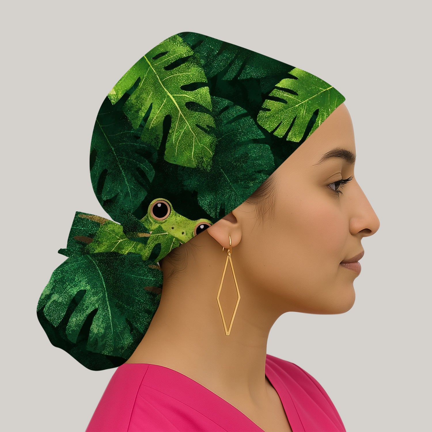 Cute Frog Hiding Jungle Leaves Pattern Nurse Scrub Cap, Surgical Caps for Doctors