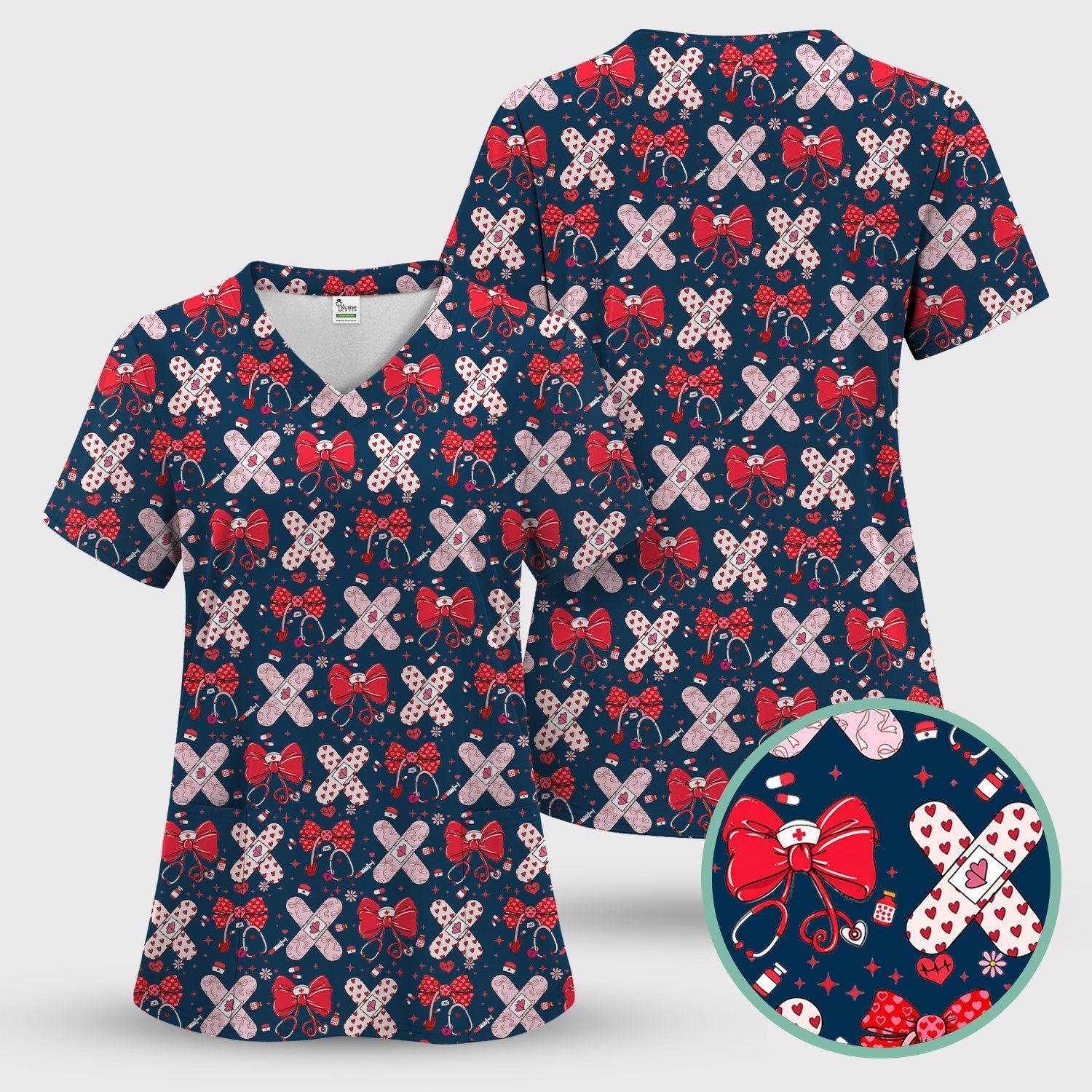 Valentine Nurse Scrub Top, Red Bow And Heart Bandage Pattern Medical Shirt, Breathable Fabrics Nursing Uniform