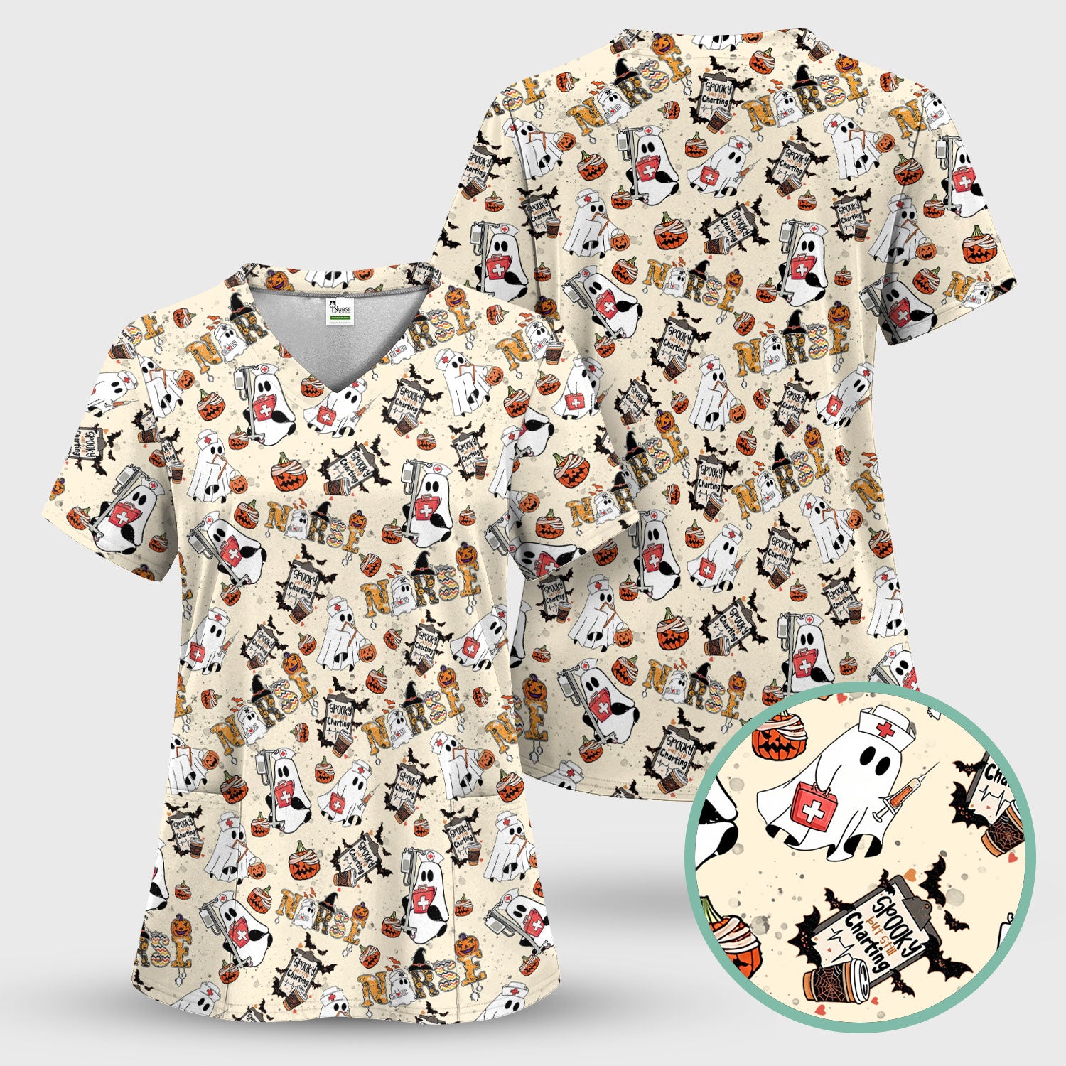 Halloween Scrub Top - Spooky But Still Charting - Funny Scrubs for Nurses - Horror Pumpkin Nursing Uniform