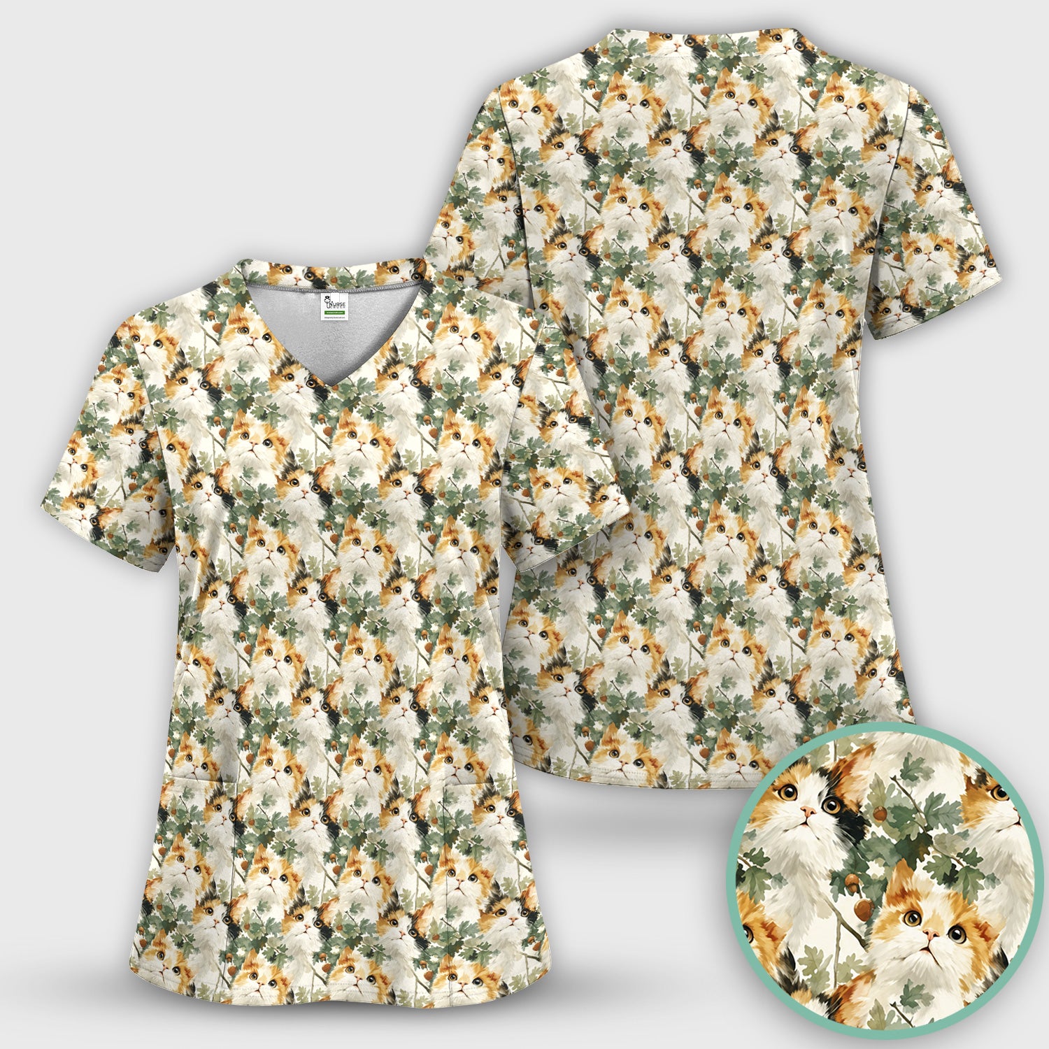 Fluffy Calico Cat Oak Leaves Pattern Scrub Top, Comfortable Scrubs for Nurses