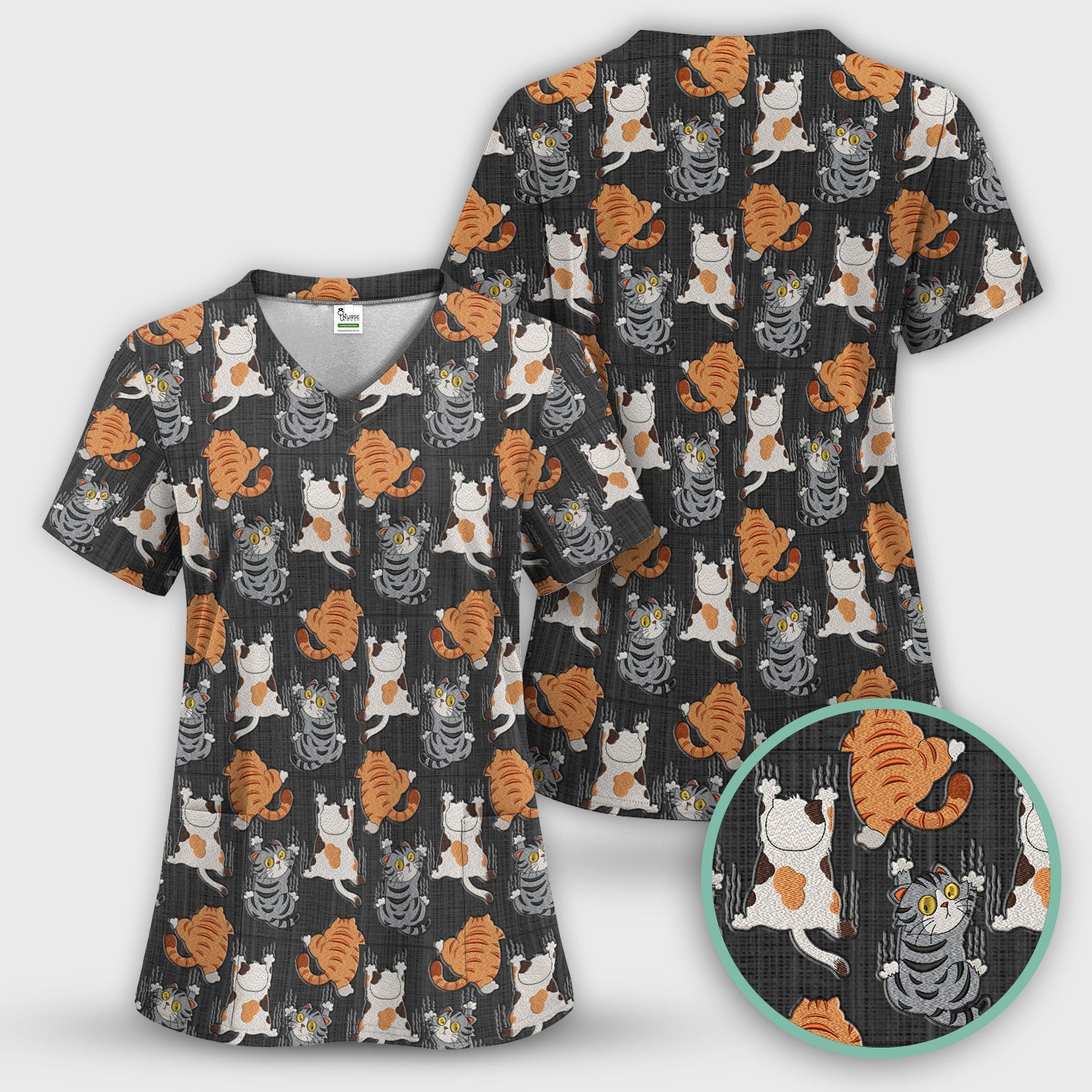 Cute Cat Pattern Nurse Scrub Top, Cats Medical Pattern Shirt, Breathable Fabrics Nursing Uniform