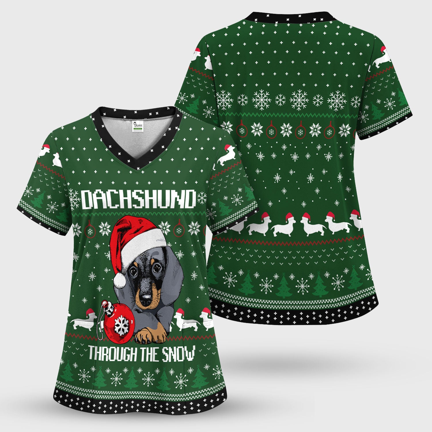 Dachshund Christmas Scrub Top - Funny Sausage Dog Nurse Shirt - Cute Holiday Scrubs for Women RN LPN CNA Gift
