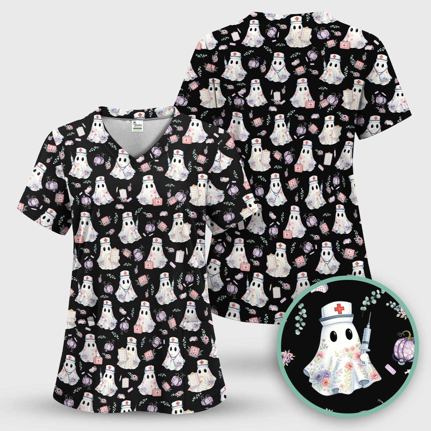 Ghost Nurse Medical Uniform - Cute Boo Halloween Pumpkin Scrub Top for Women - Gift for CRNA ICU Nurses