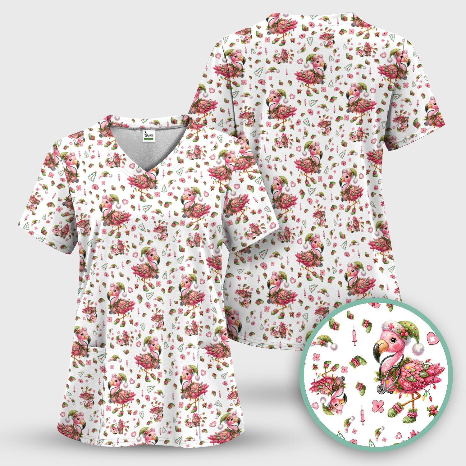 Flamingo Scrub Top for Nurse - Funny Christmas Medical Shirt - Holiday Christmas Gift for Healthcare Workers