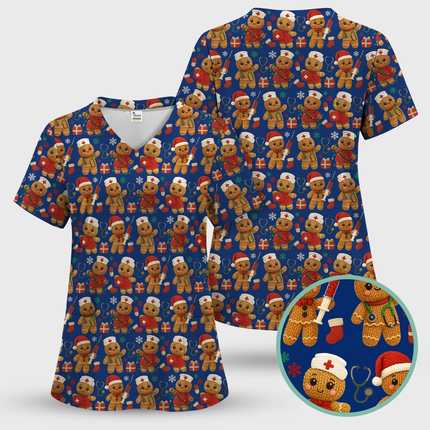 Cute Gingerbread Nurse Scrubs for Women - Christmas Pattern Scrub Top & Pants - Festive Holiday Scrubs with Charming Gingerbread Design