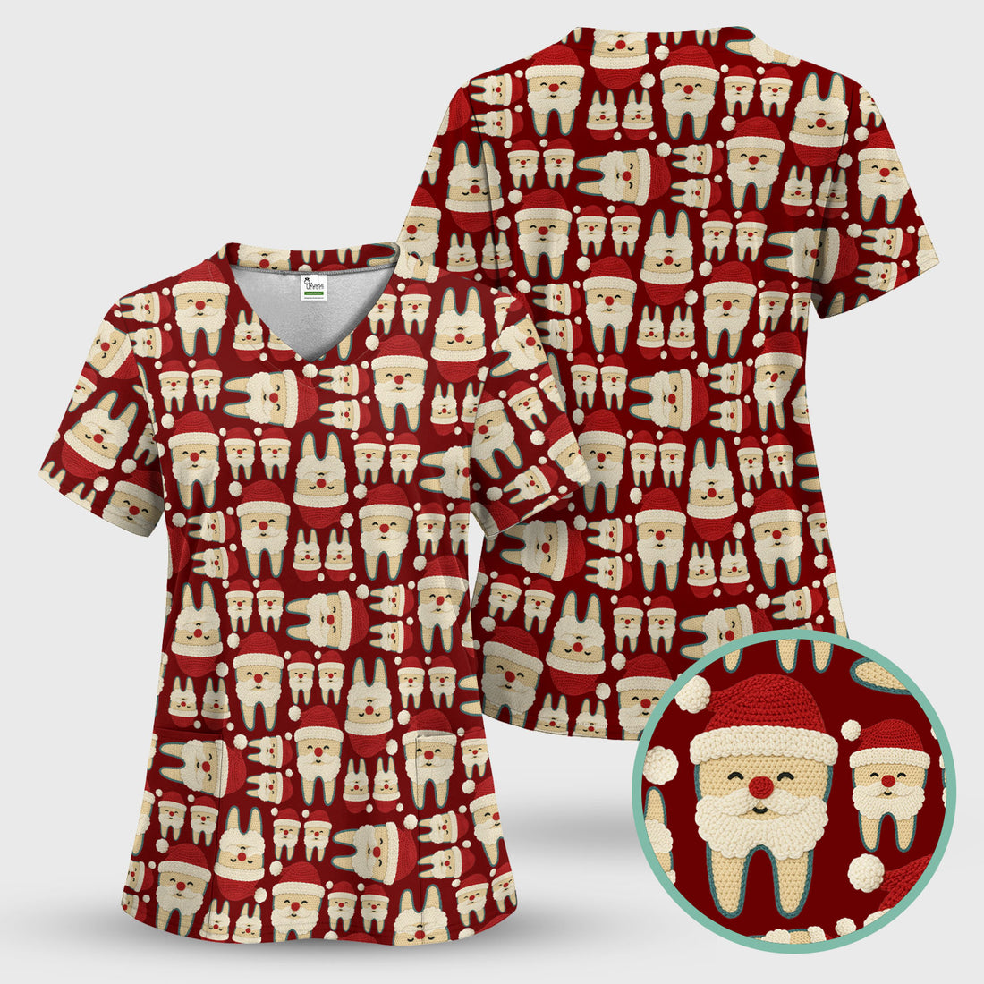 Christmas Tooth Scrub Top - Cute Santa Tooth Pattern for Dentists & Hygienists - Crochet Style Holiday Medical Uniform for Women