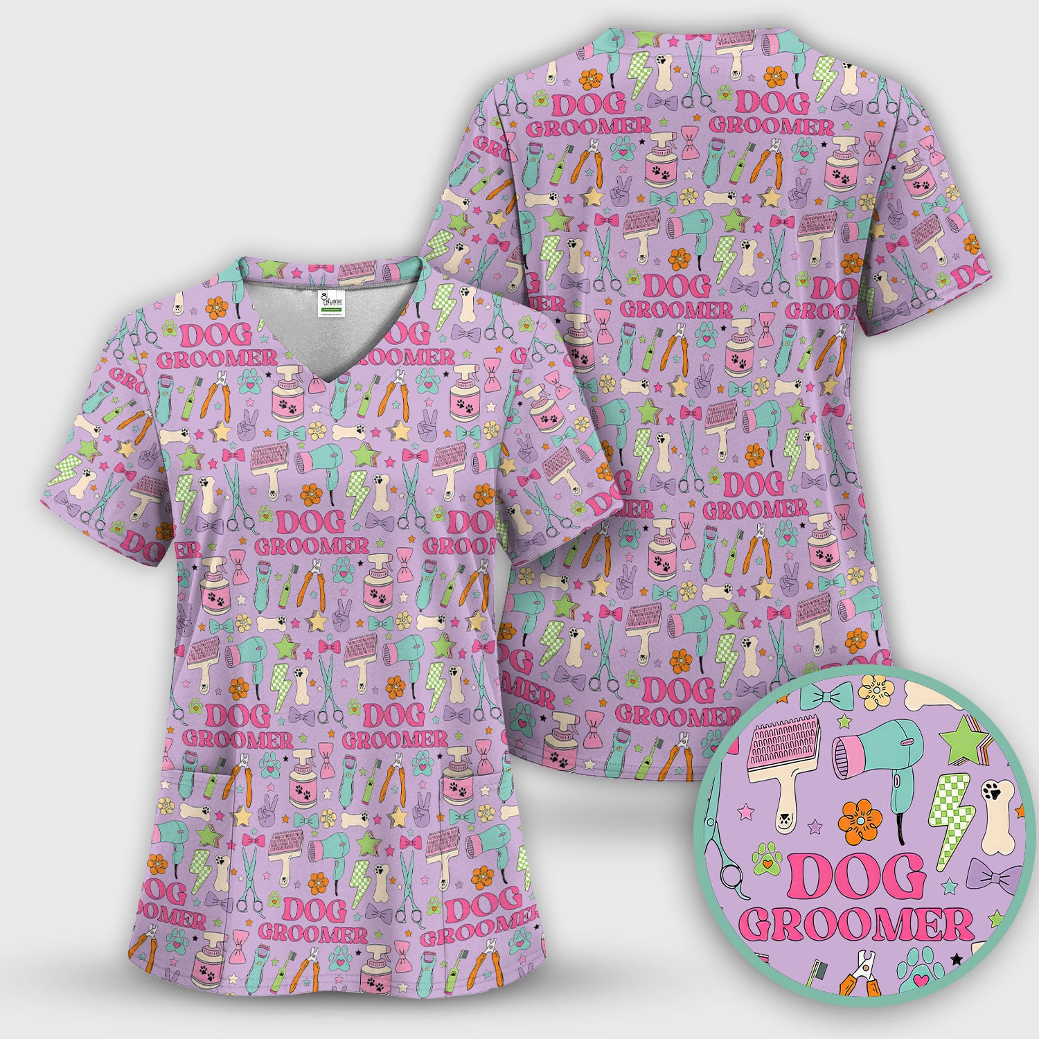 Dog Groomer Tools Pattern Nursing Scrub Top, Comfortable Scrubs for Nurses