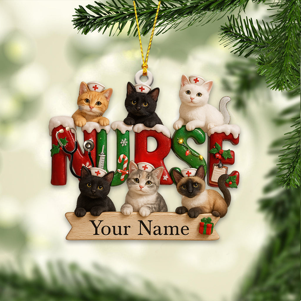 Personalized Nurse Cat Ornament – Custom Name Kitty RN Christmas Decor – Cute Feline Medical Holiday Gift for Cat Lovers