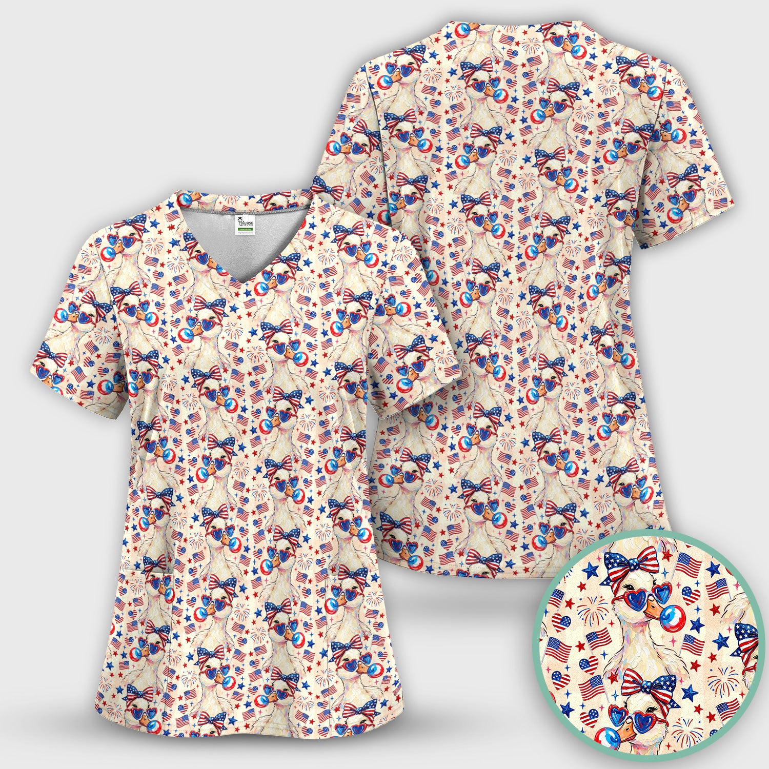 USA Flag 250th Patriotic Duck Sunglasses Pattern Scrub Set, Scrub Pants and V Neck Top