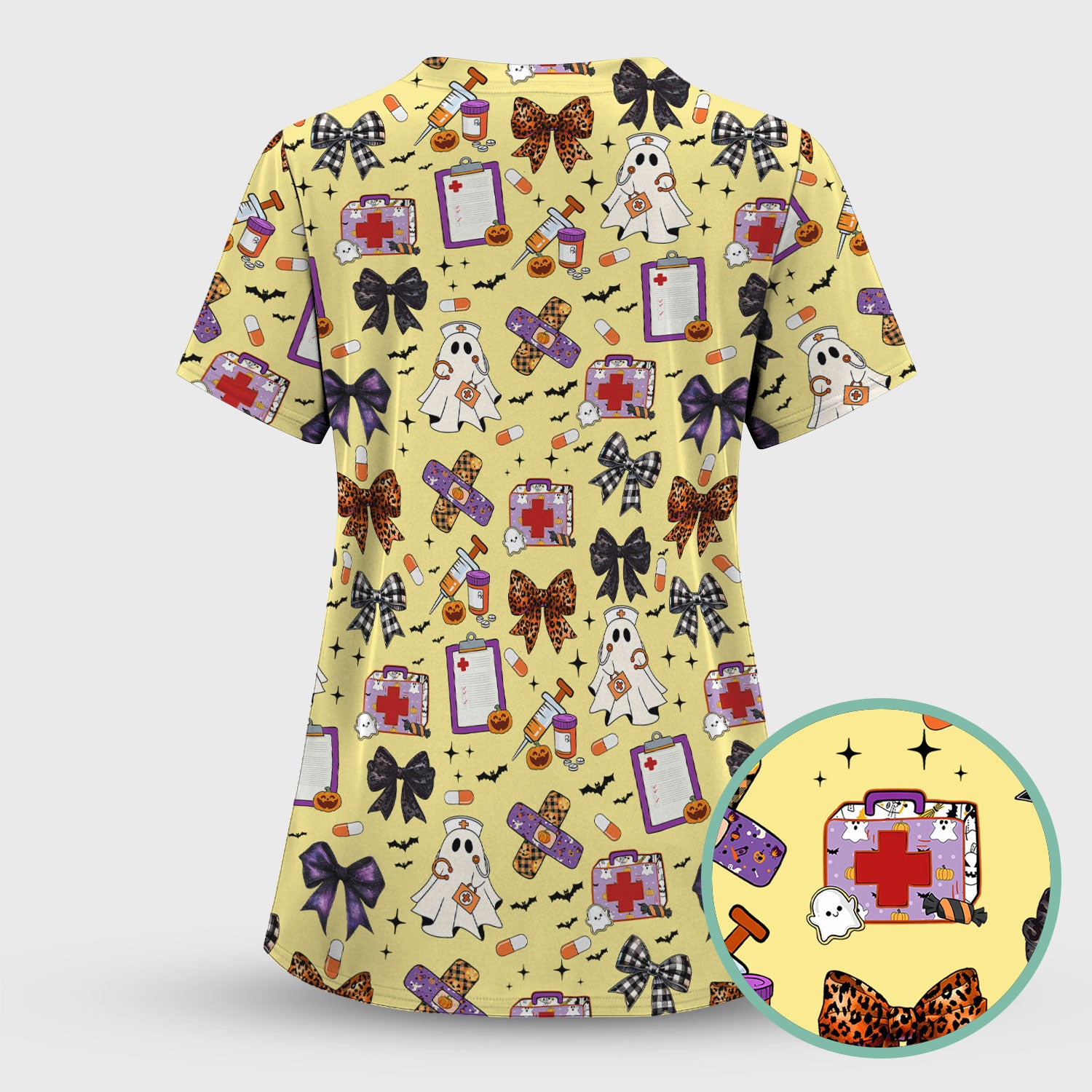 Halloween Nurse Scrub Top - Cute Ghost & Bow Medical Scrubs - Yellow Nursing Shirt with Colorful Halloween Print