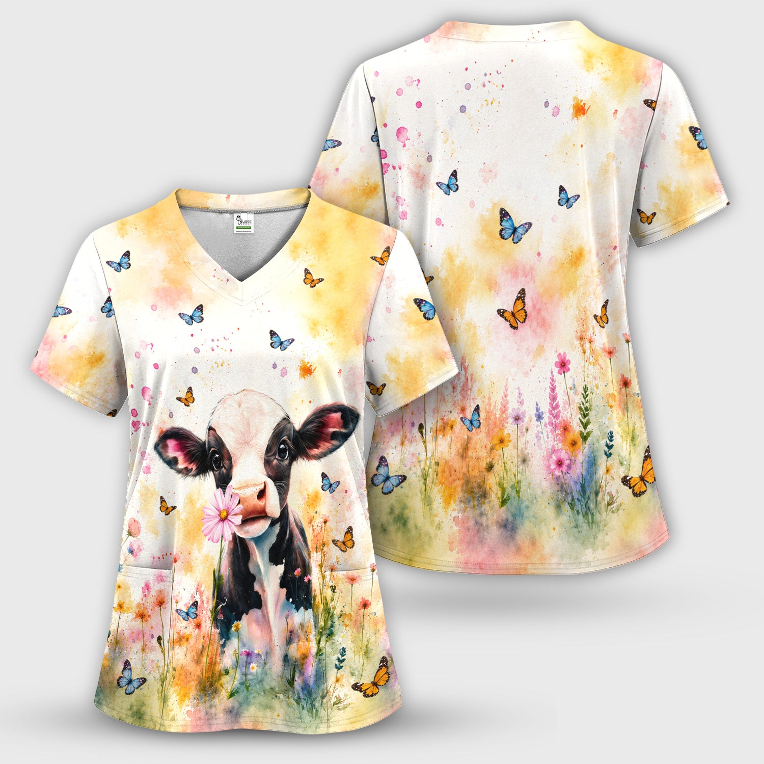 Cute Butterfly Baby Cow Pattern Scrub Top, Comfortable Scrubs for Nurses