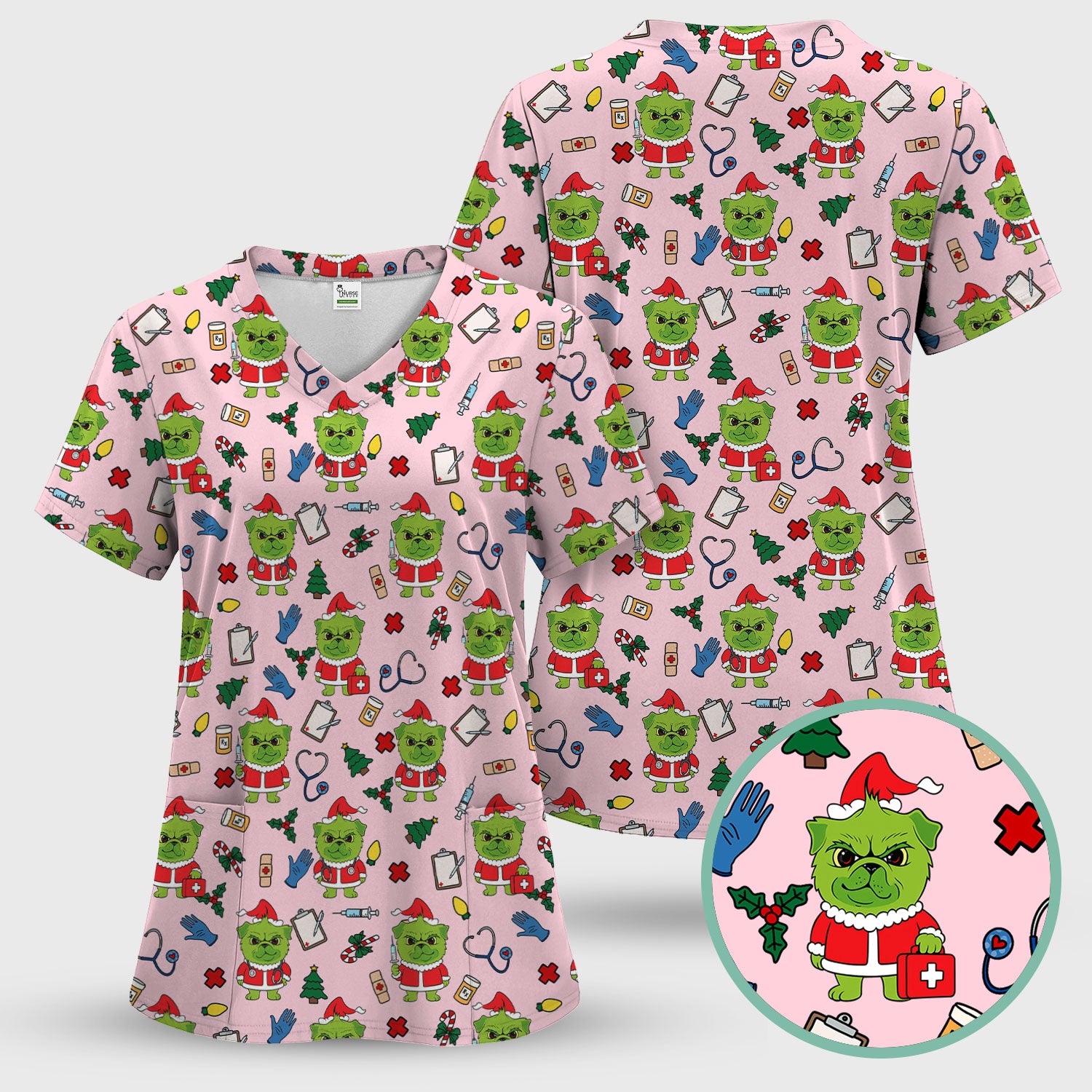 Funny Nurse Christmas Scrubs Set - Grumpy Dog Pattern with Medical Tools - Festive Holiday Scrub Top and Pants for Women