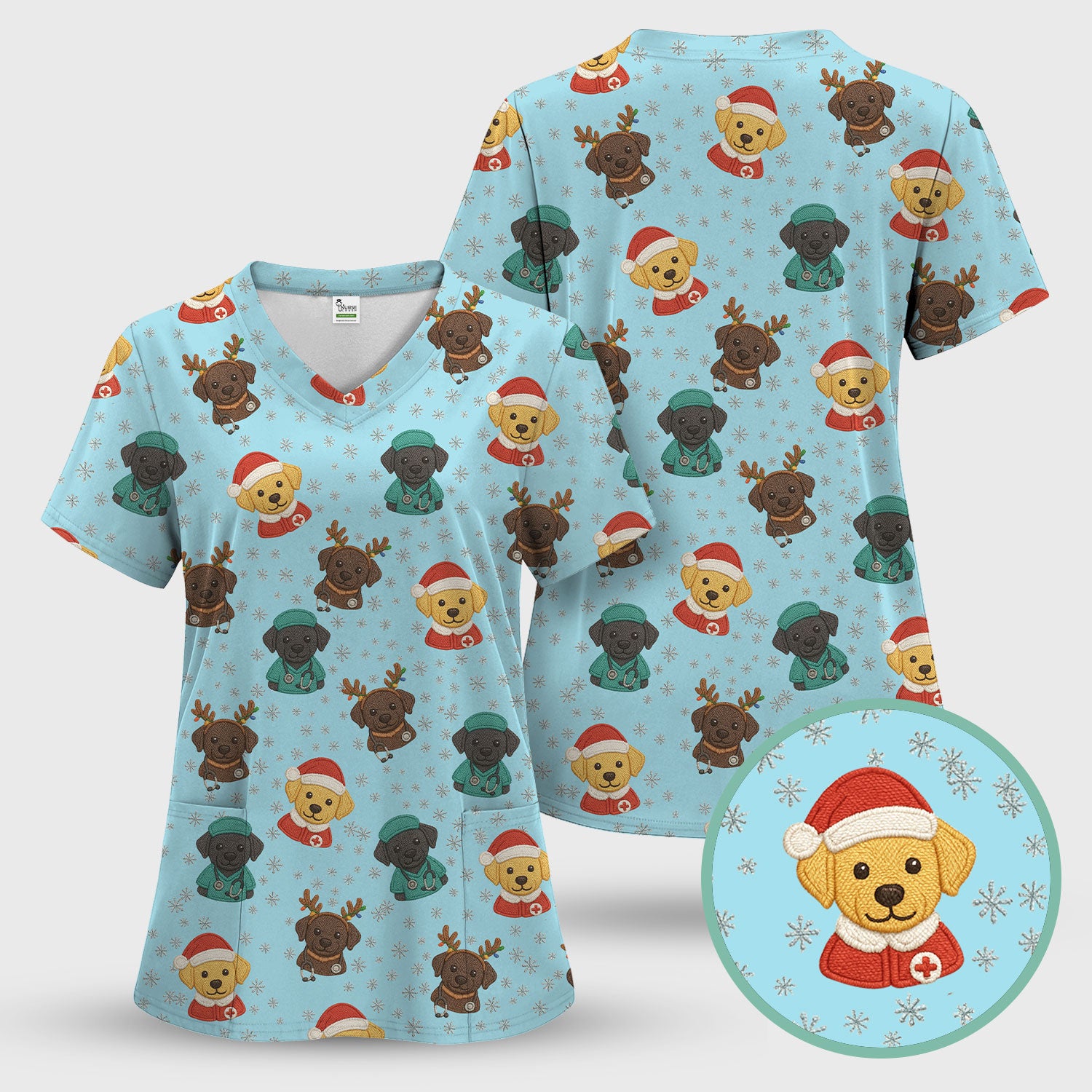 Christmas Dog Pattern Scrub Top, Cute Puppy Nurse Scrub Shirt, Holiday Nursing Uniform