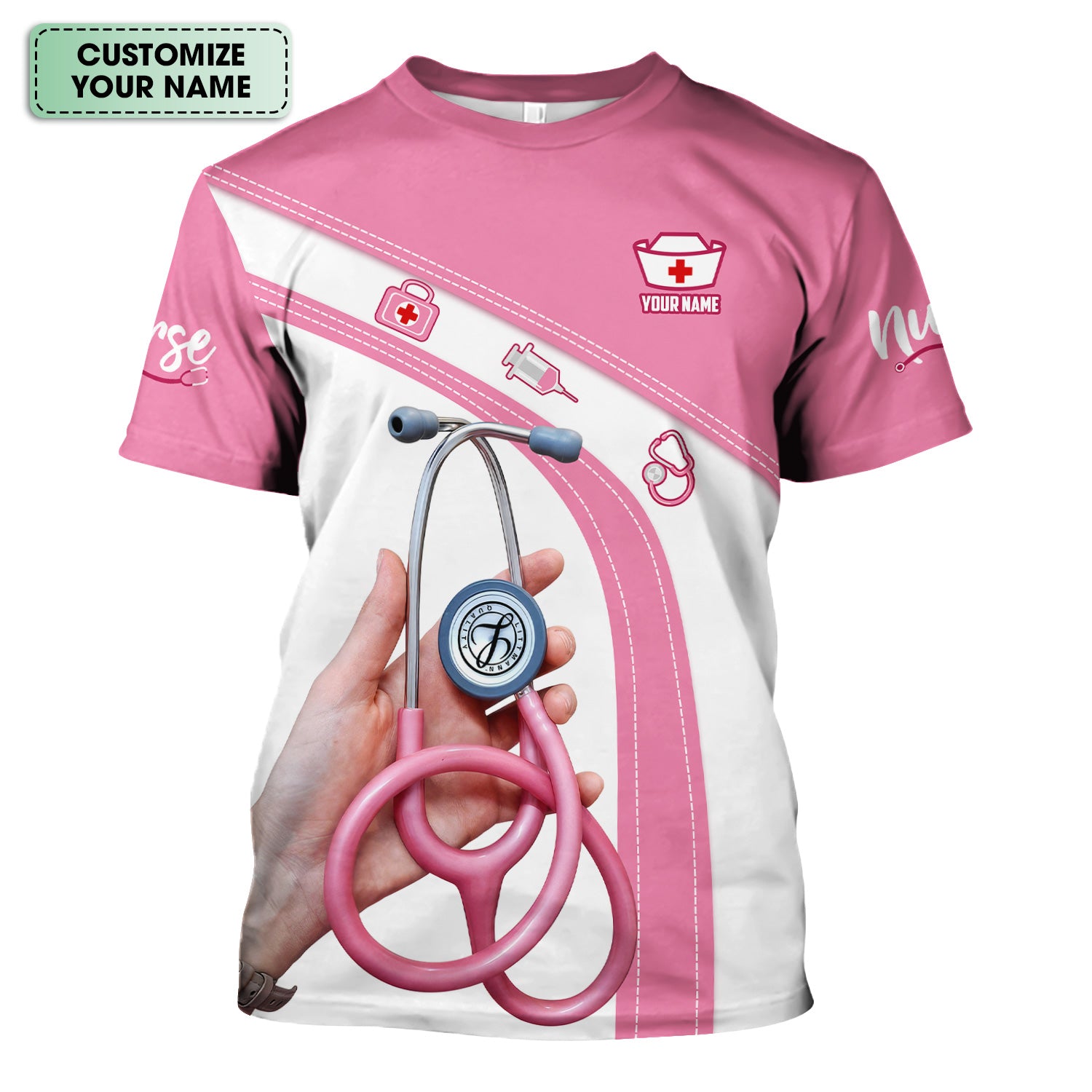 Custom Name Pink Nurse Shirt - Cute Stethoscope Gift for Female RN LPN CNA - Appreciation Week Medical Tee