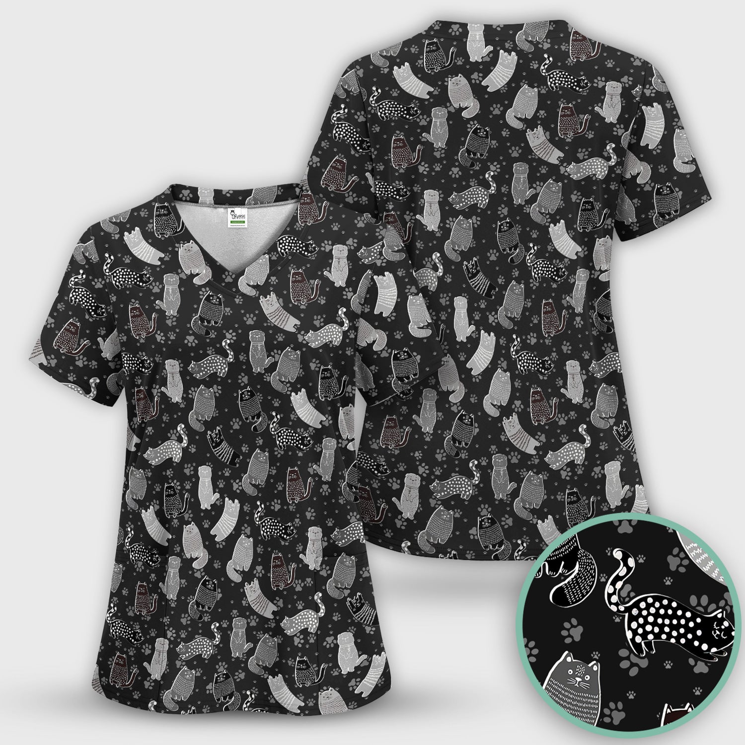 Cute Cat and Paw Print Pattern Scrub Top, Breathable Fabrics Nursing Uniform
