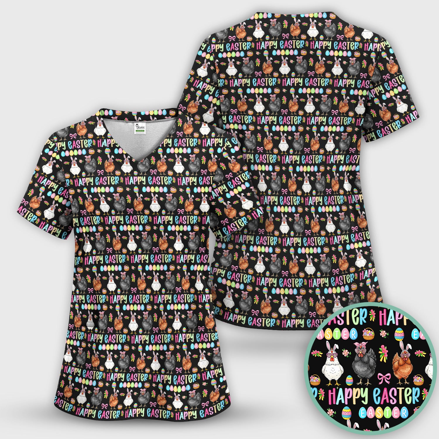 Happy Easter Bunny Eggs Pattern Scrubs Top, Comfortable Scrubs for Nurses