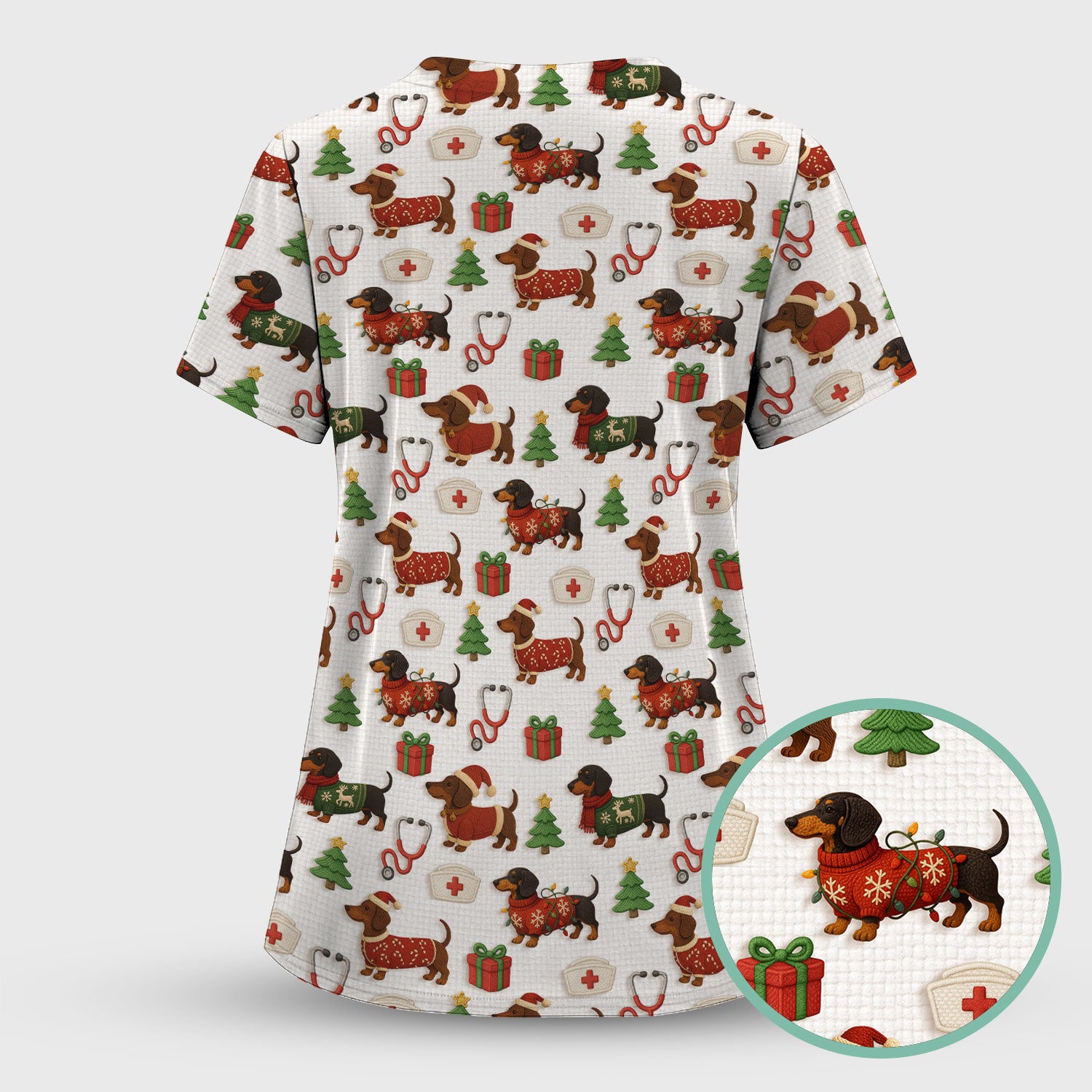Custom Nurse Scrubs for Women - Dachshund Dog Christmas Print with Gifts & Holiday Tree - Multi Color Nursing Shirt Gift Idea