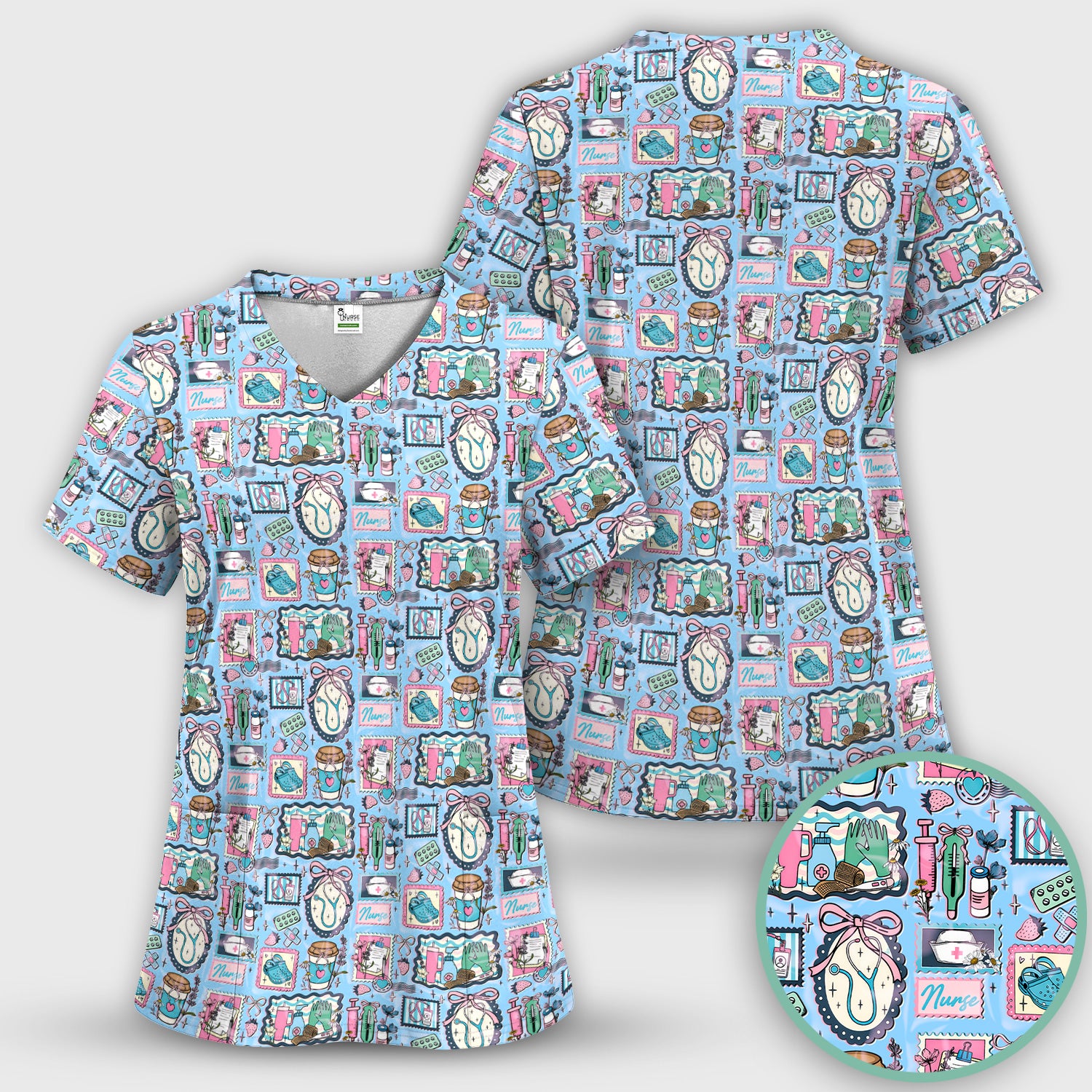 Medical Tools Stethoscope Syringe Frame Scrub Top, Breathable Fabrics Nursing Uniform