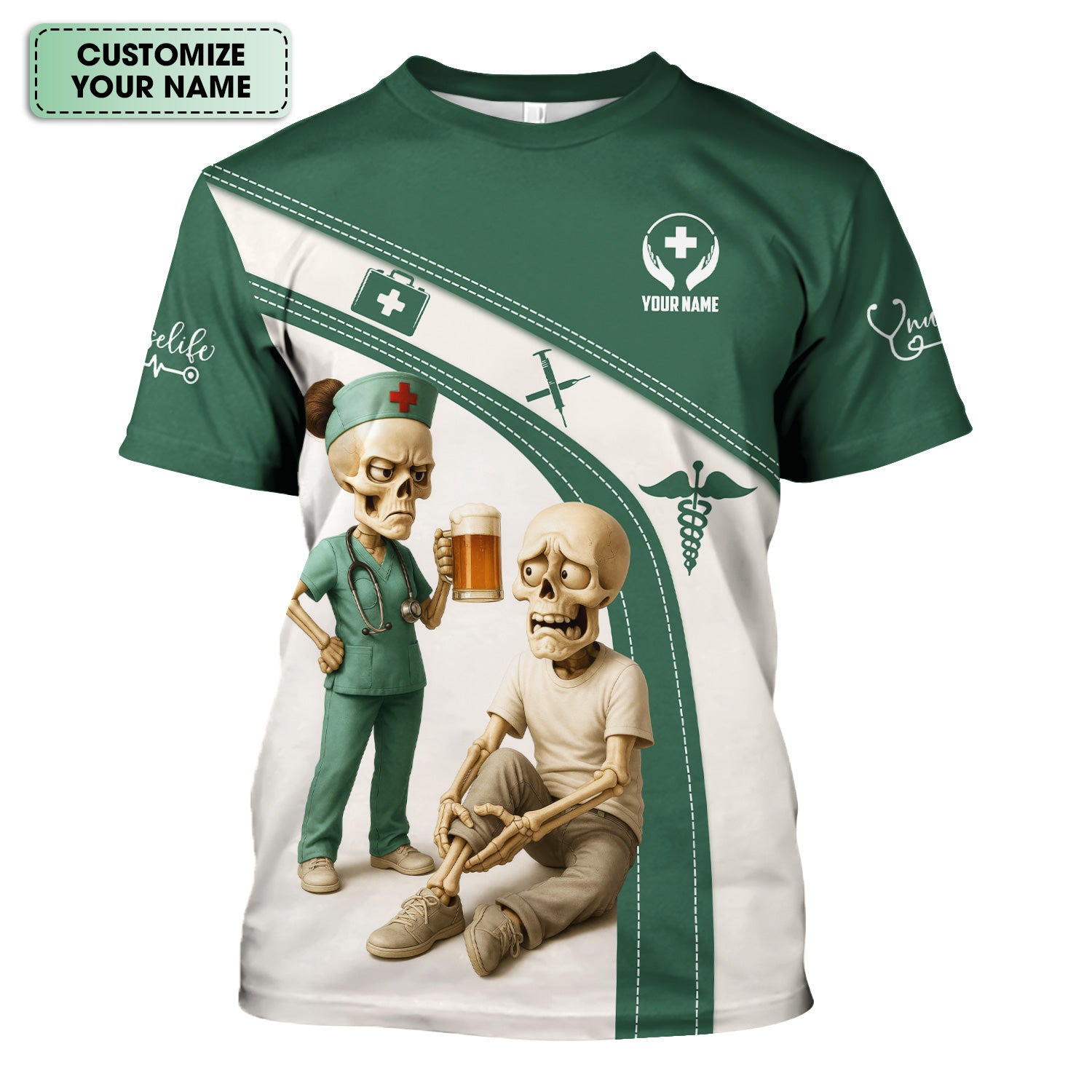 Funny Skeleton Nurse Shirt for Women - Custom Name Beer Joke Medical Uniform - Hilarious Gift for RN CNA LPN