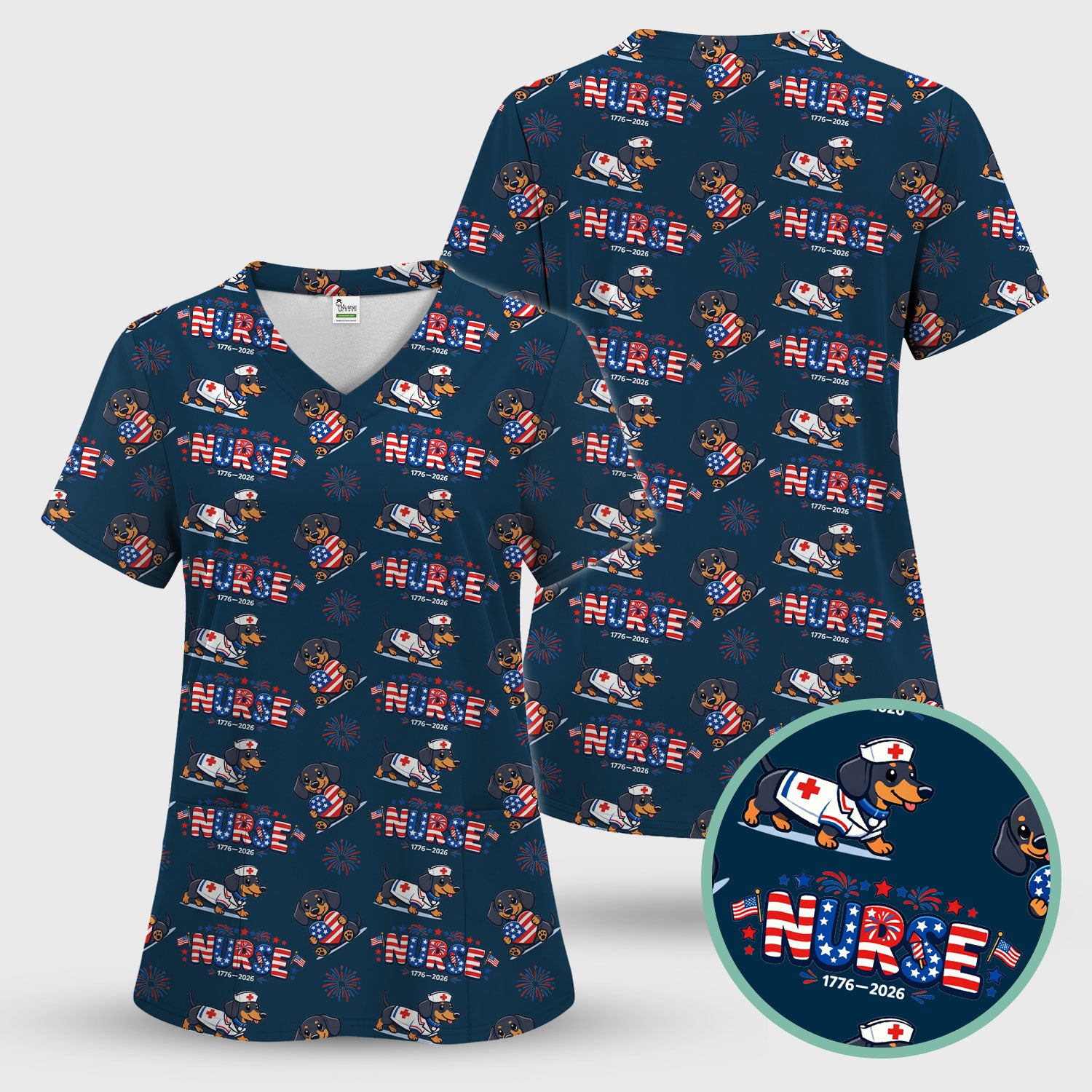 Proud Nurse Patriotic Dachshund Medical Firework Pattern Scrub Set, Nurse Uniform Scrubs Set