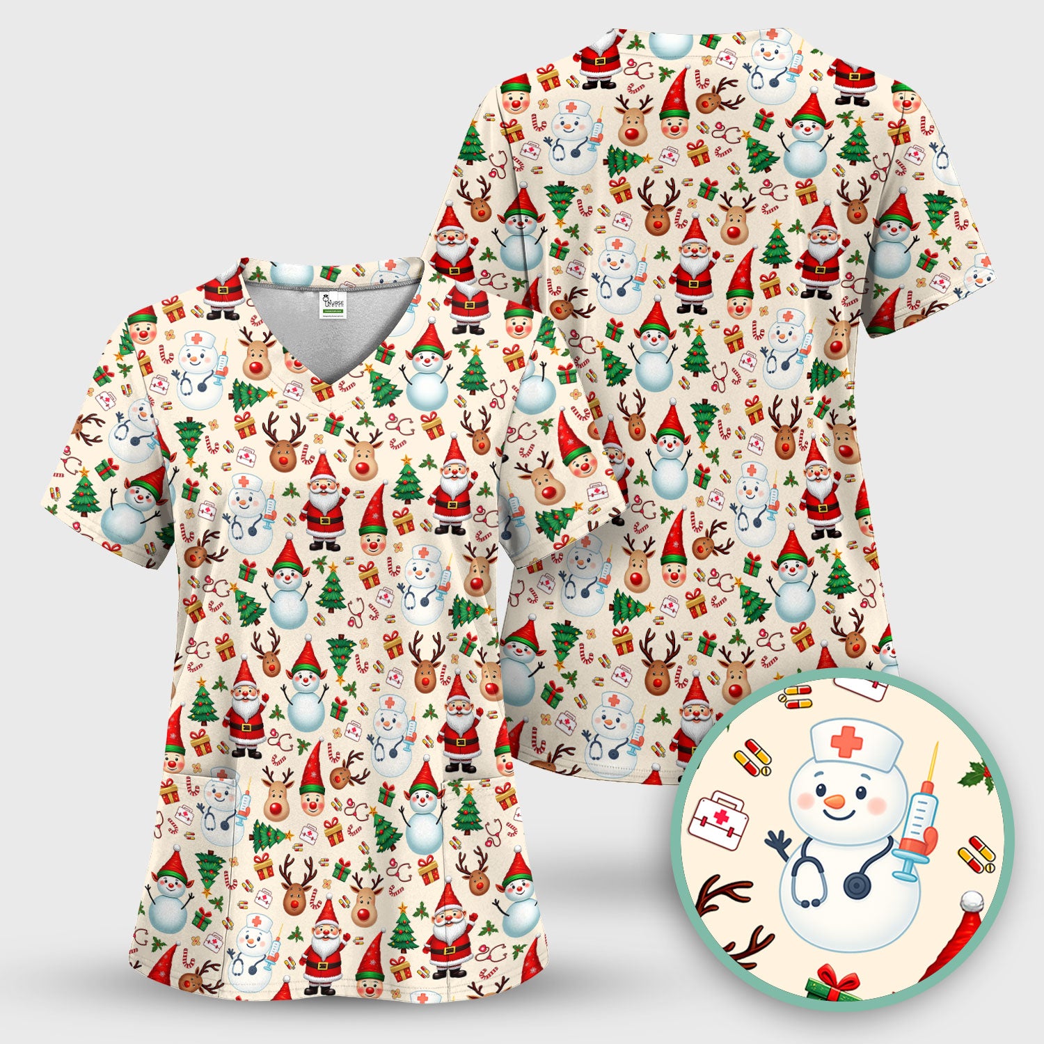 Christmas Nurse Scrub Top - Cute Snowman Santa Reindeer Pattern Medical Shirt - Festive Holiday Scrubs for Women RN CNA LPN