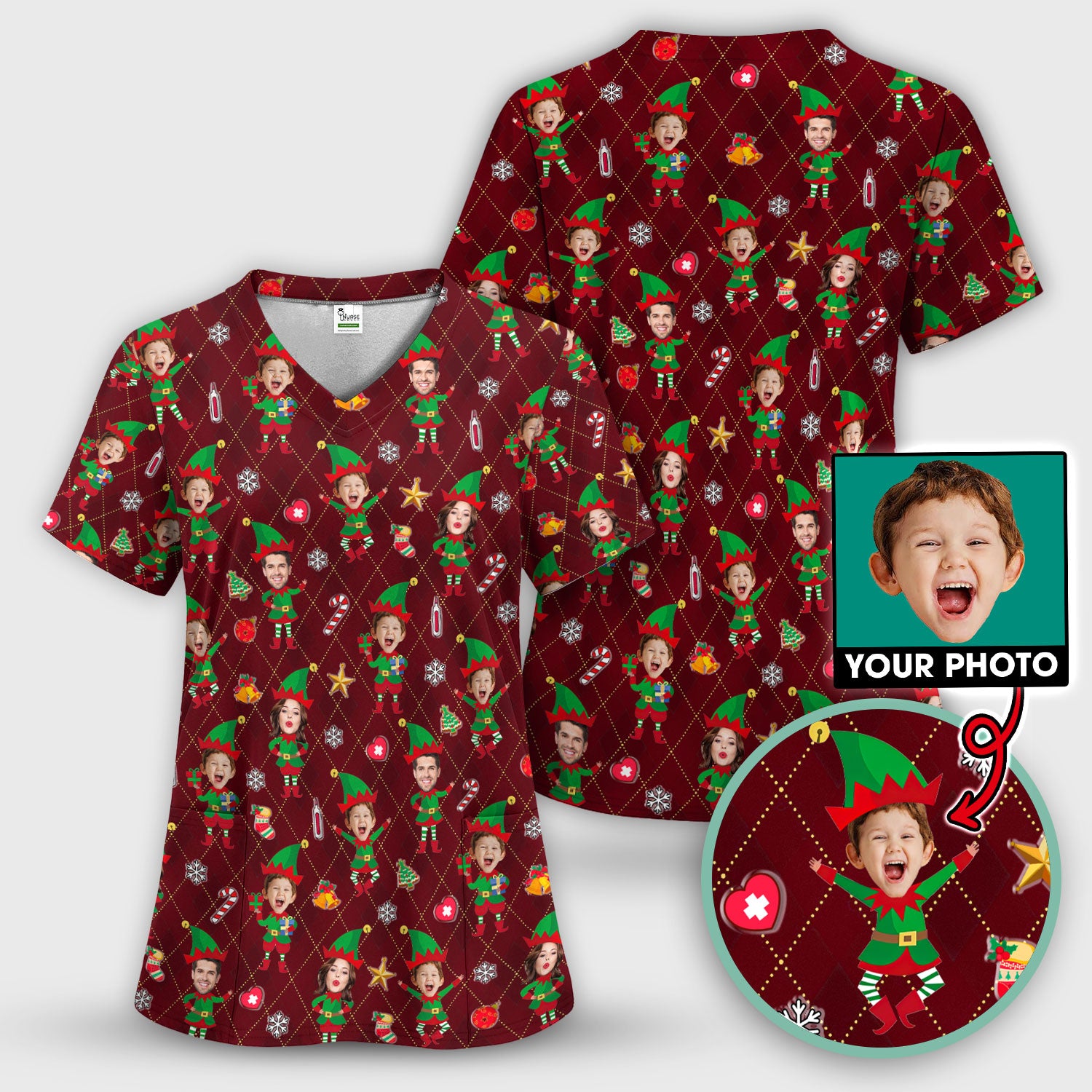 Personalized Face Nurse Shirt, Custom Photo Christmas Scrub Top, Funny Holiday Medical Uniform For Nursing