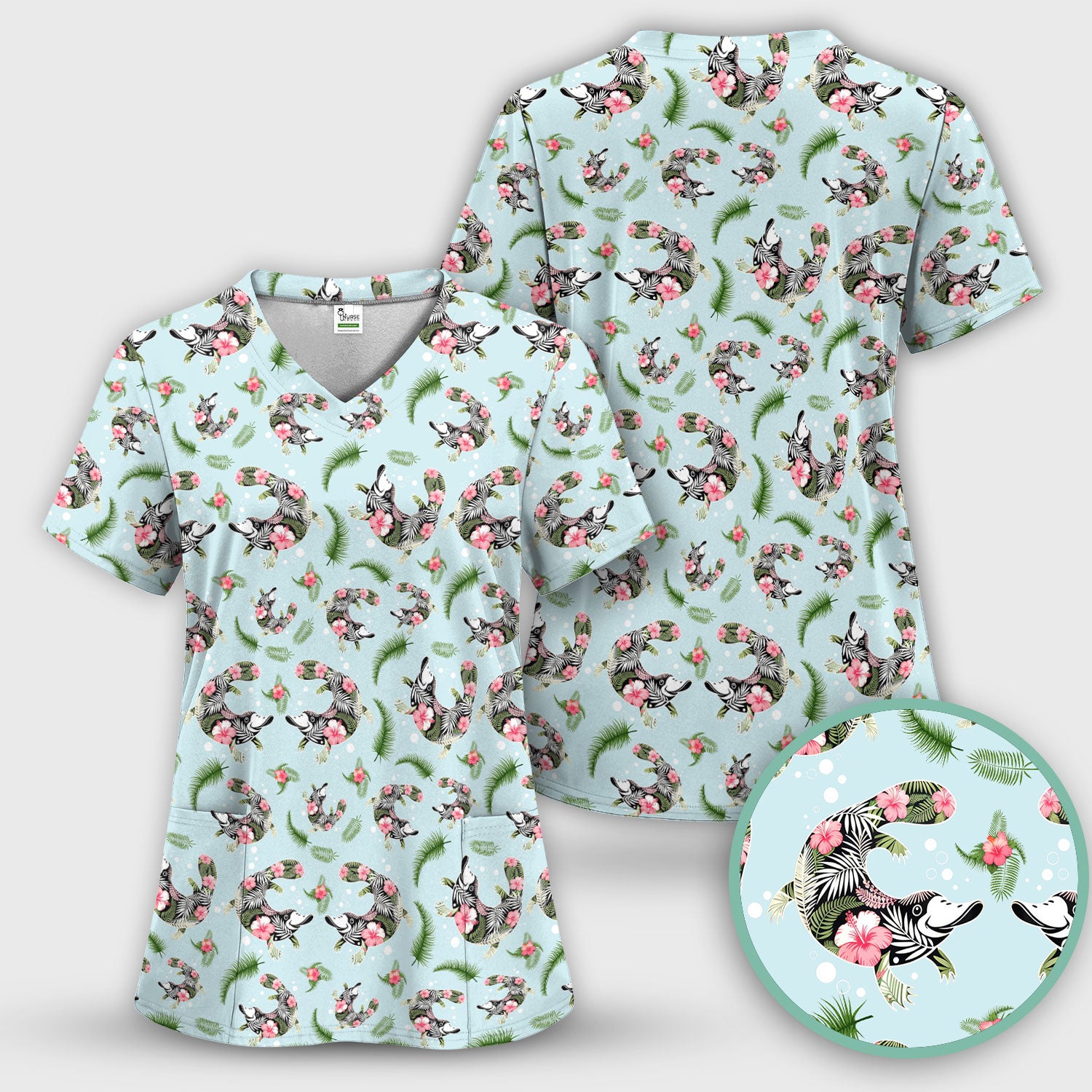 Cute Platypus Scrub Top, Tropical Floral Animal Pattern Nurse Shirt, Breathable Fabrics Nursing Uniform