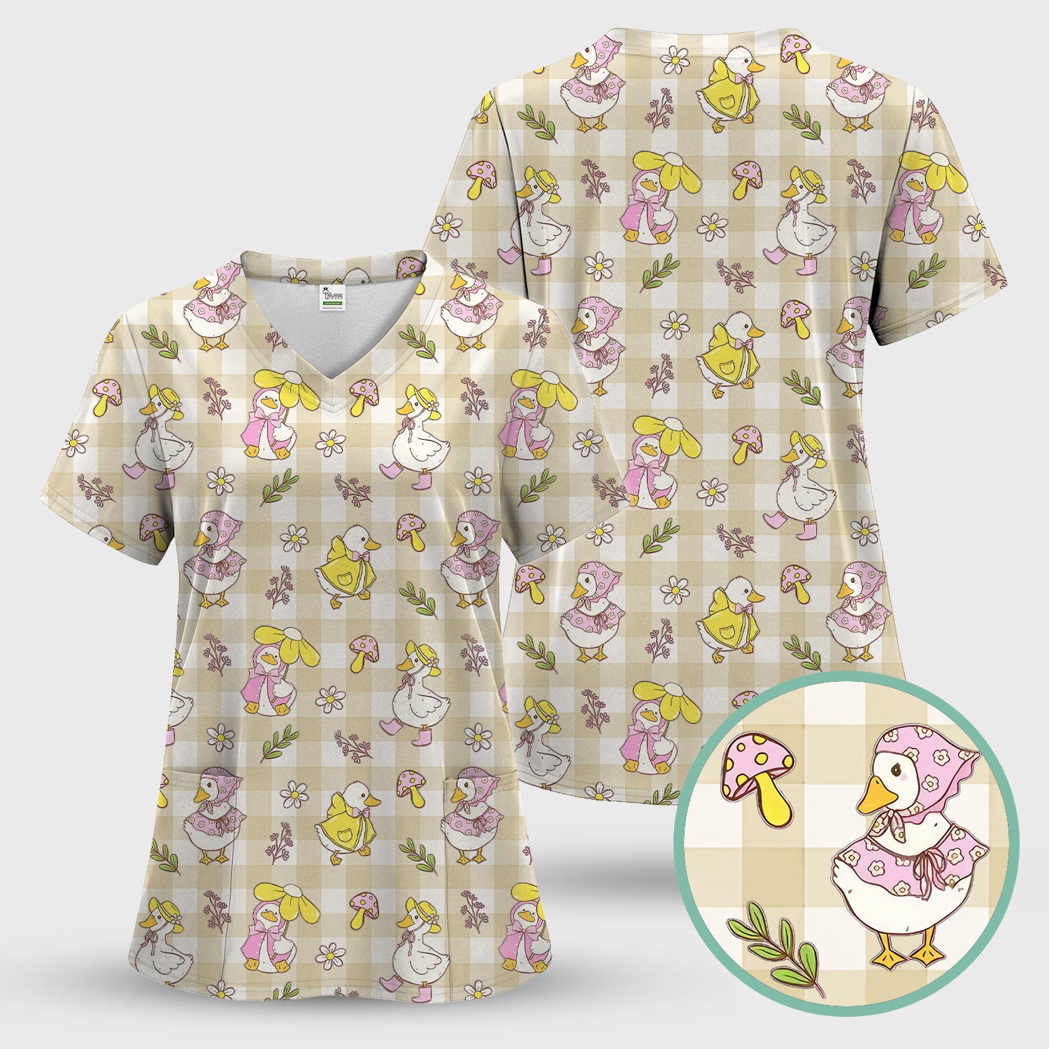 Cute Duck Outfit Gingham Pattern Scrub Top, Comfortable Scrubs for Nurses