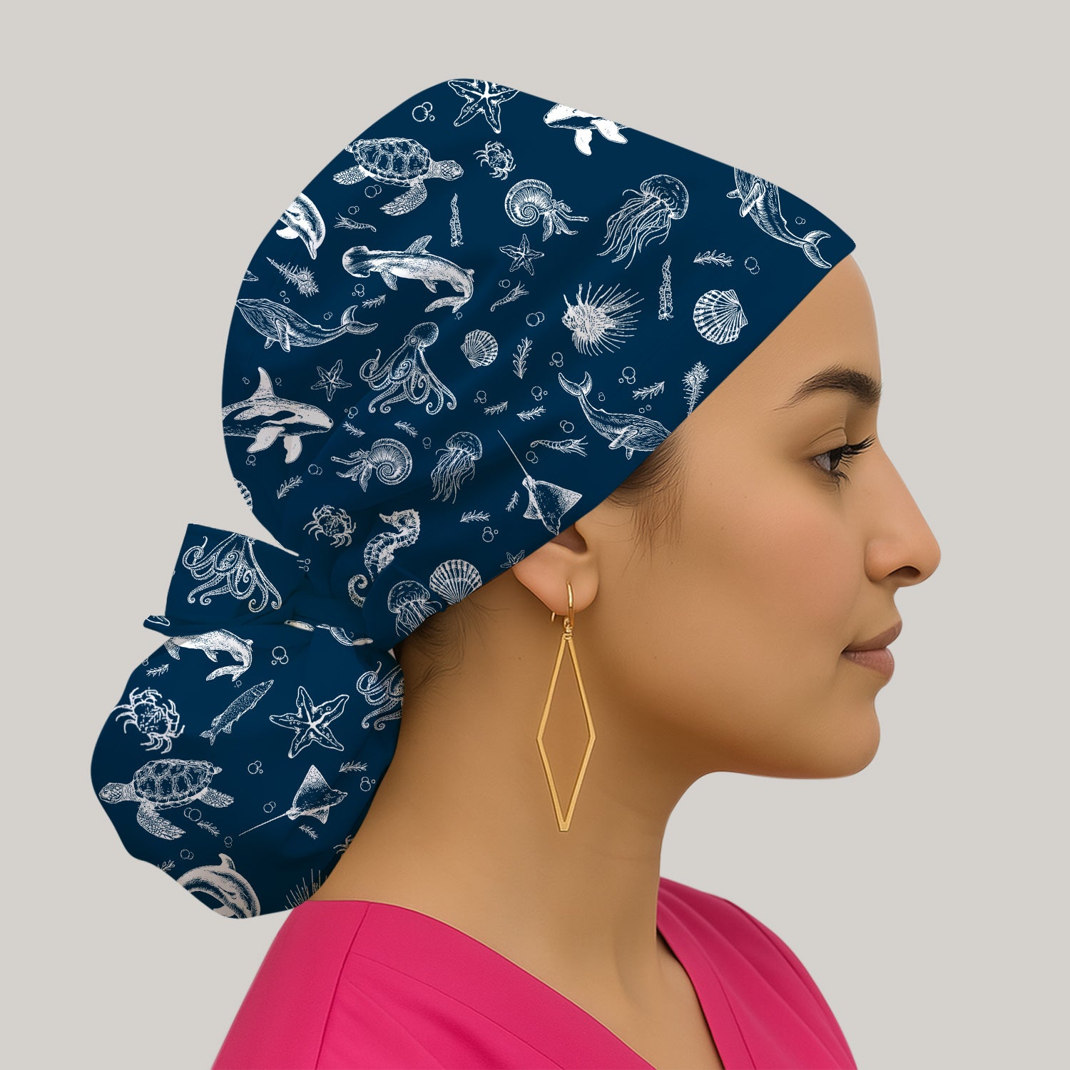 Marine Sea Life Pattern Cap, Bouffant Scrub Caps for Women