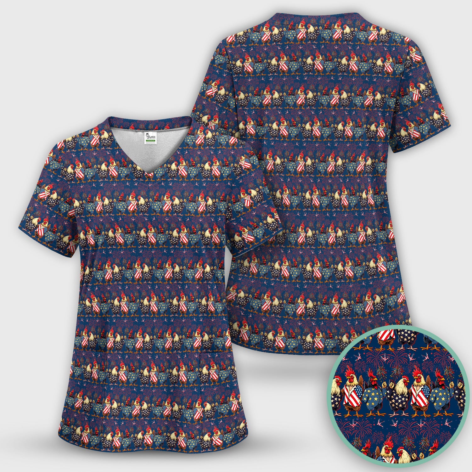 Patriotic Rooster Fireworks Pattern Scrub Set, Scrub Pants and V Neck Top