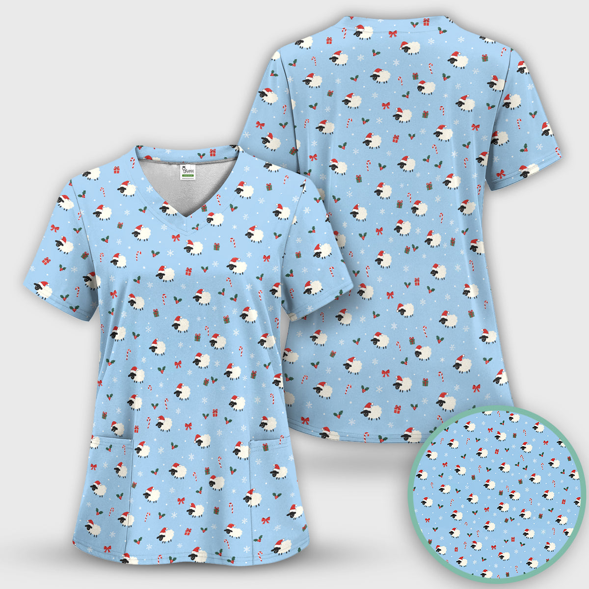 Cute Christmas Sheep Pattern Scrub Top, Comfortable Scrubs for Nurses