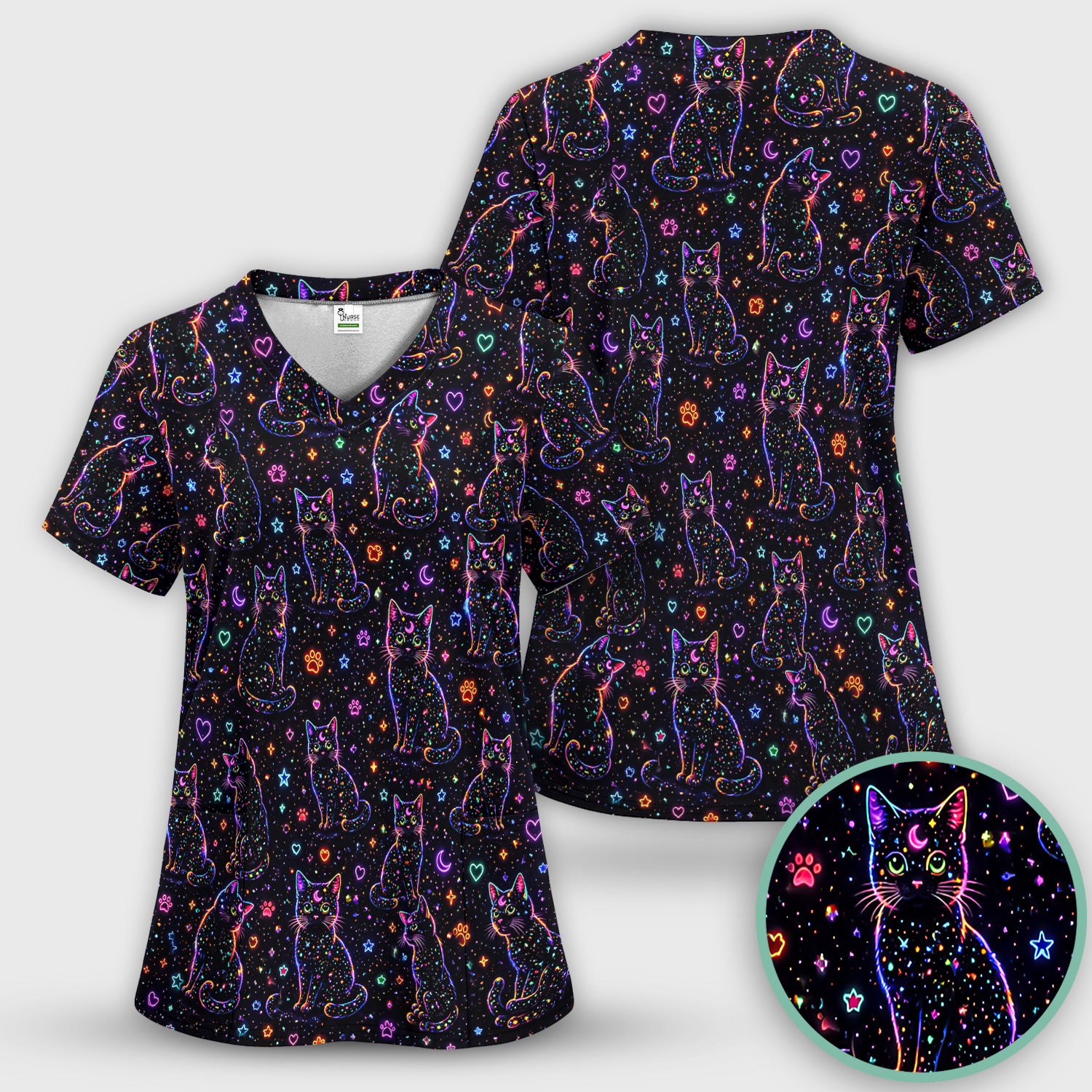 Mystical Cosmic Moon Cat Pattern Scrub Set, Scrub Pants and V Neck Top