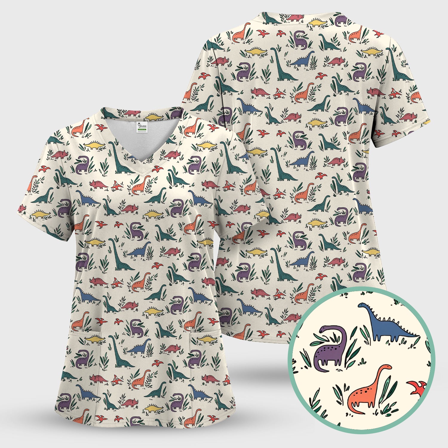 Cute Dinosaur Leafy Garden Pattern Scrub Set, Breathable Fabrics Nursing Uniform