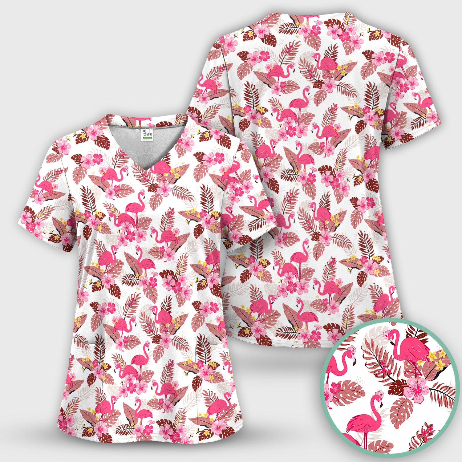 Pink Flamingo Tropical Floral Scrub Set, Scrub Pants and V Neck Top