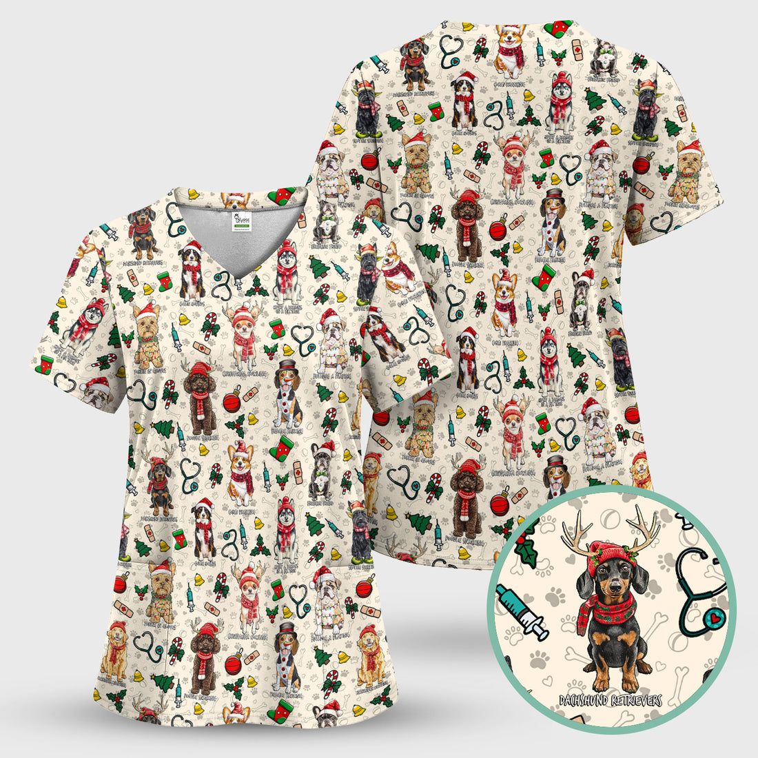 Christmas Dog Scrubs for Nurses – Dachshund, Husky, Poodle, Corgi & Labrador Holiday Scrub Top – Funny Santa Pattern Medical Shirt