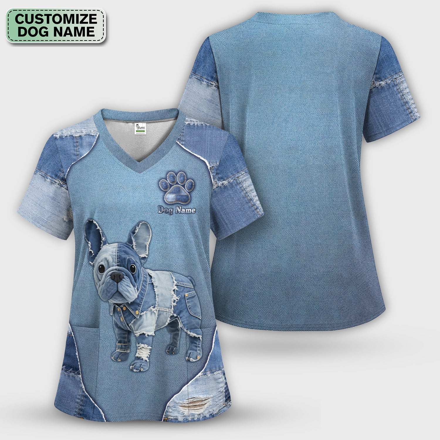 Custom Dog Name Denim French Bulldog Scrub Top, Breathable Fabrics Nursing Uniform