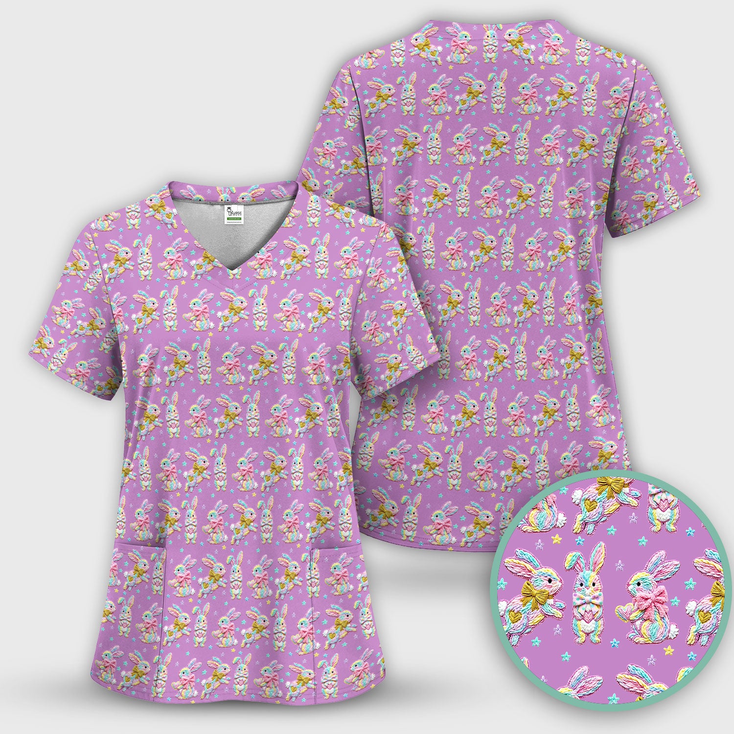 Cartoon Bunny All Over Print Scrub Top, Comfortable Scrubs for Nurses, Easter