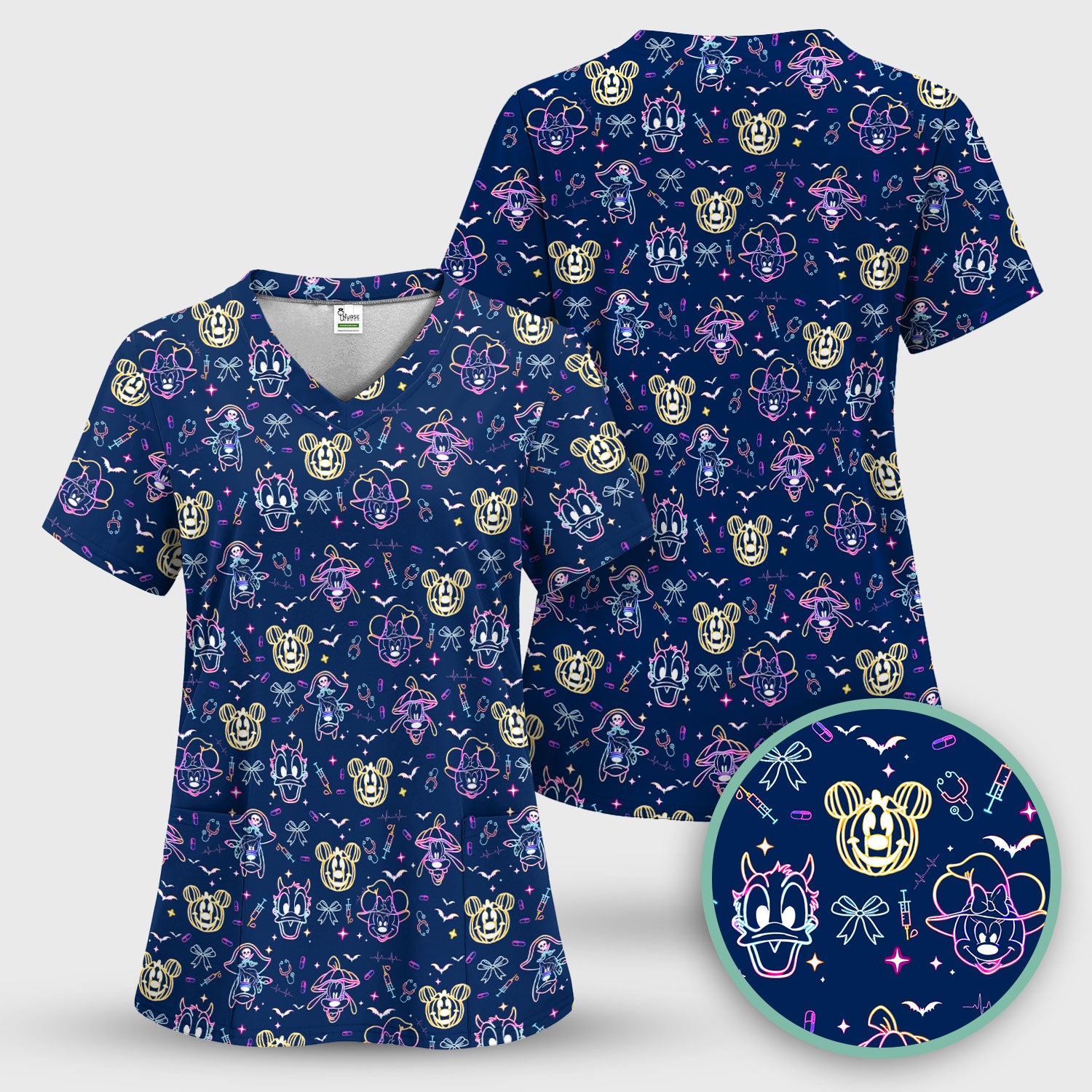 Neon Mouse Halloween Scrub Top for Nurses - Spooky Faces and Scary Pumpkin Shirt - Funny Med Uniform Gift for Women