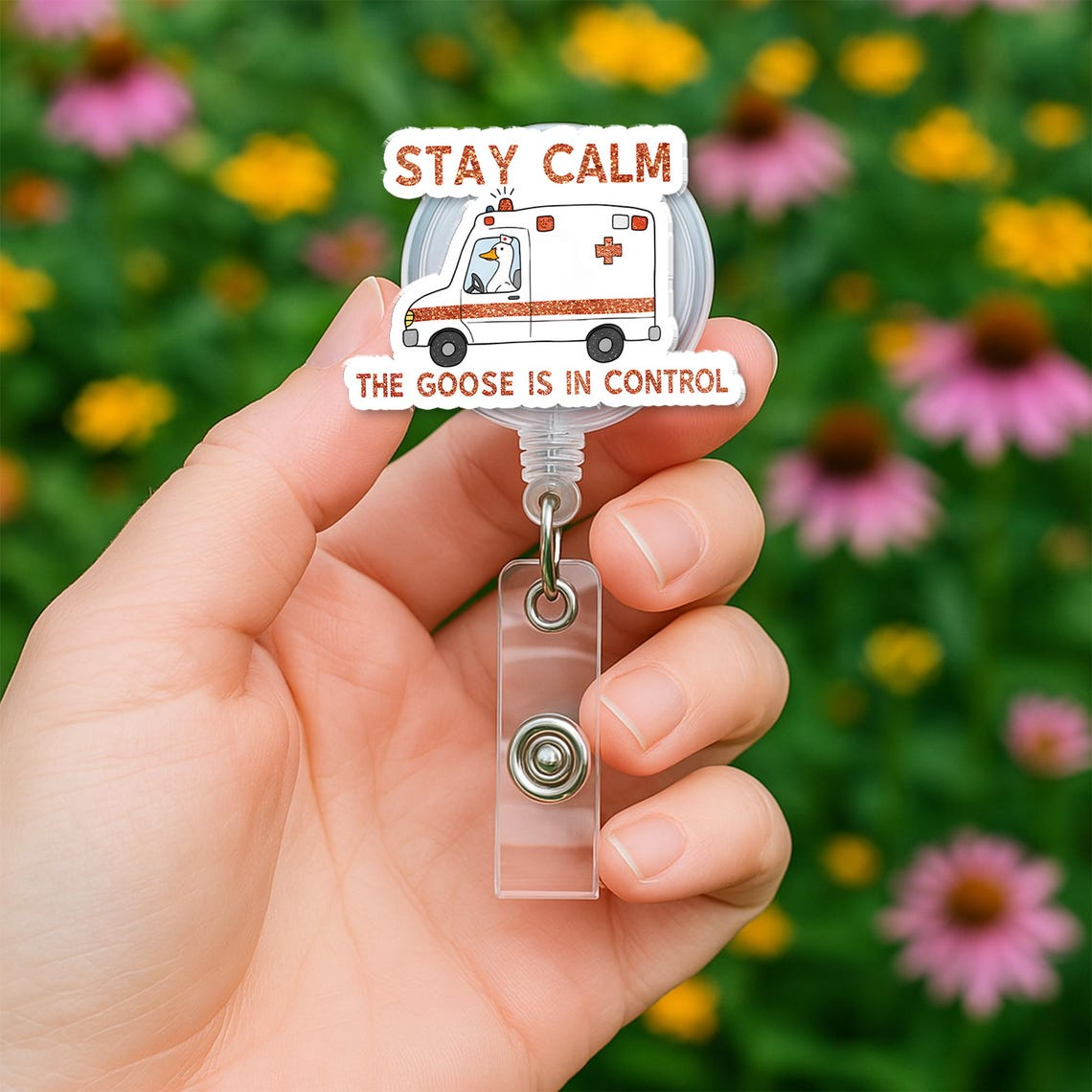 Funny Goose Badge Reel, Stay Calm Nurse ID Holder, Retractable Work Badge, RN LPN CNA ER Gift