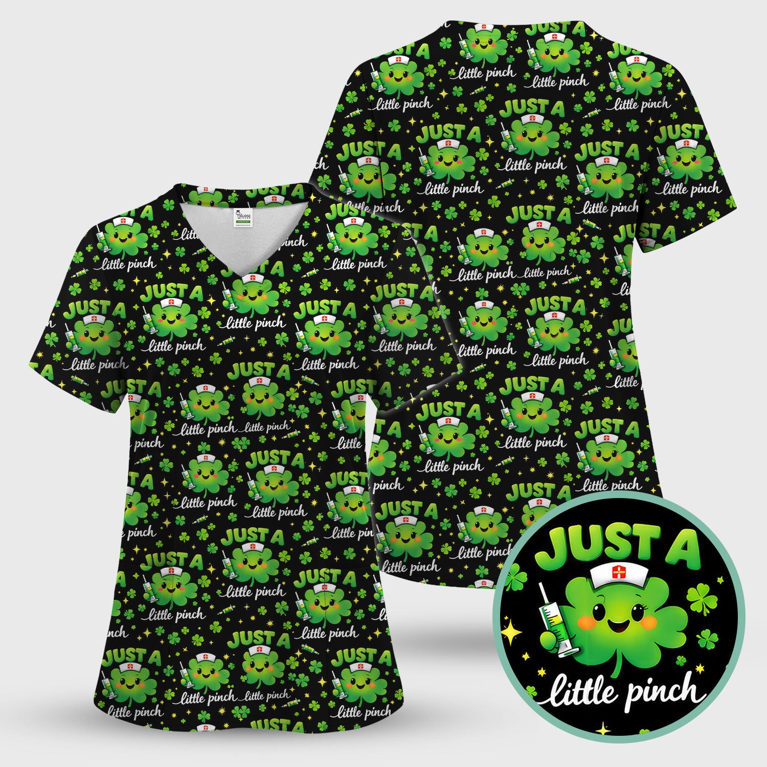 Shamrock Nurse Just A Little Pinch Print Scrub Top, Comfortable Scrubs for Nurses