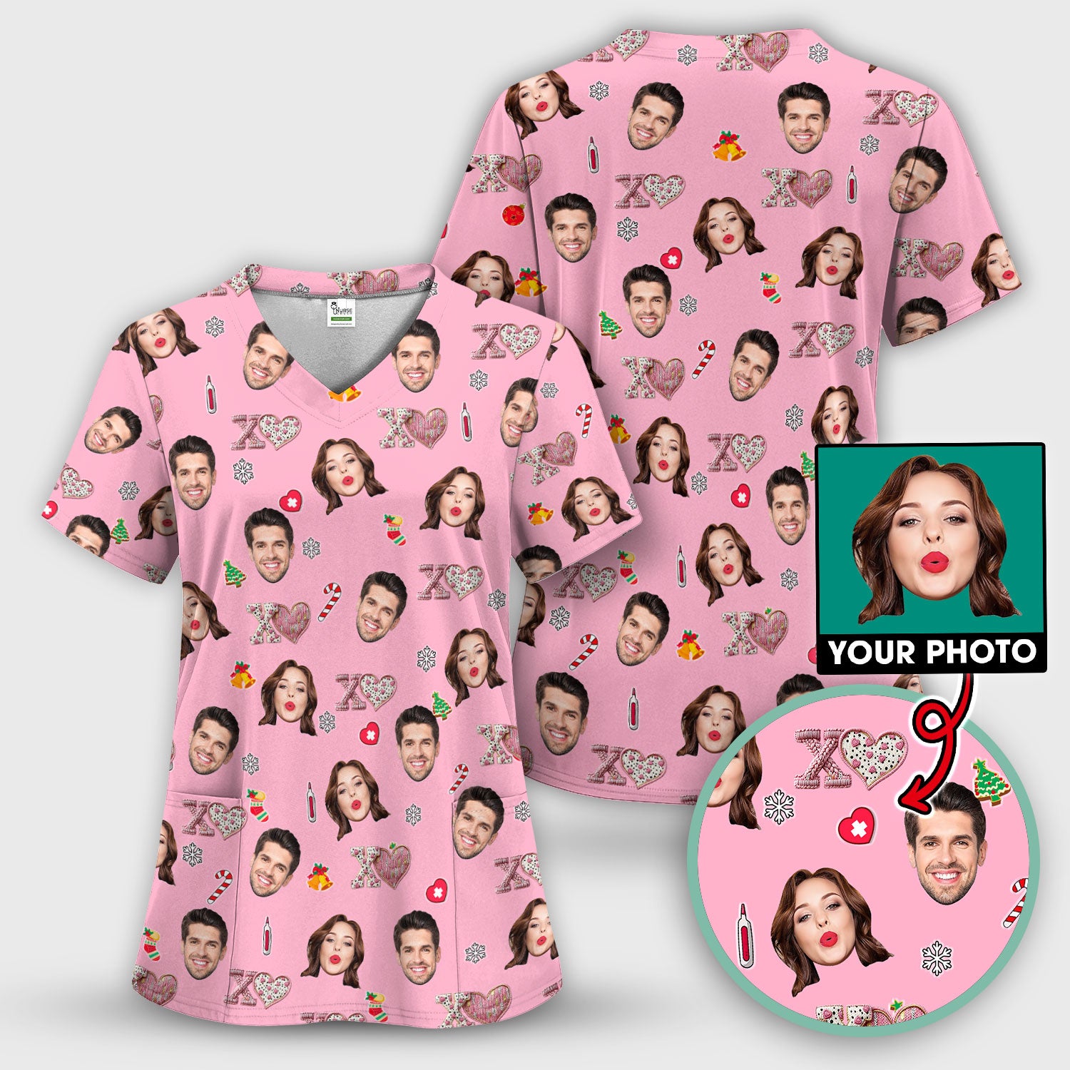 Custom Face Pattern XOXO Scrub Shirt, Personalized Photo Scrub Top, Breathable Fabrics Nursing Uniform