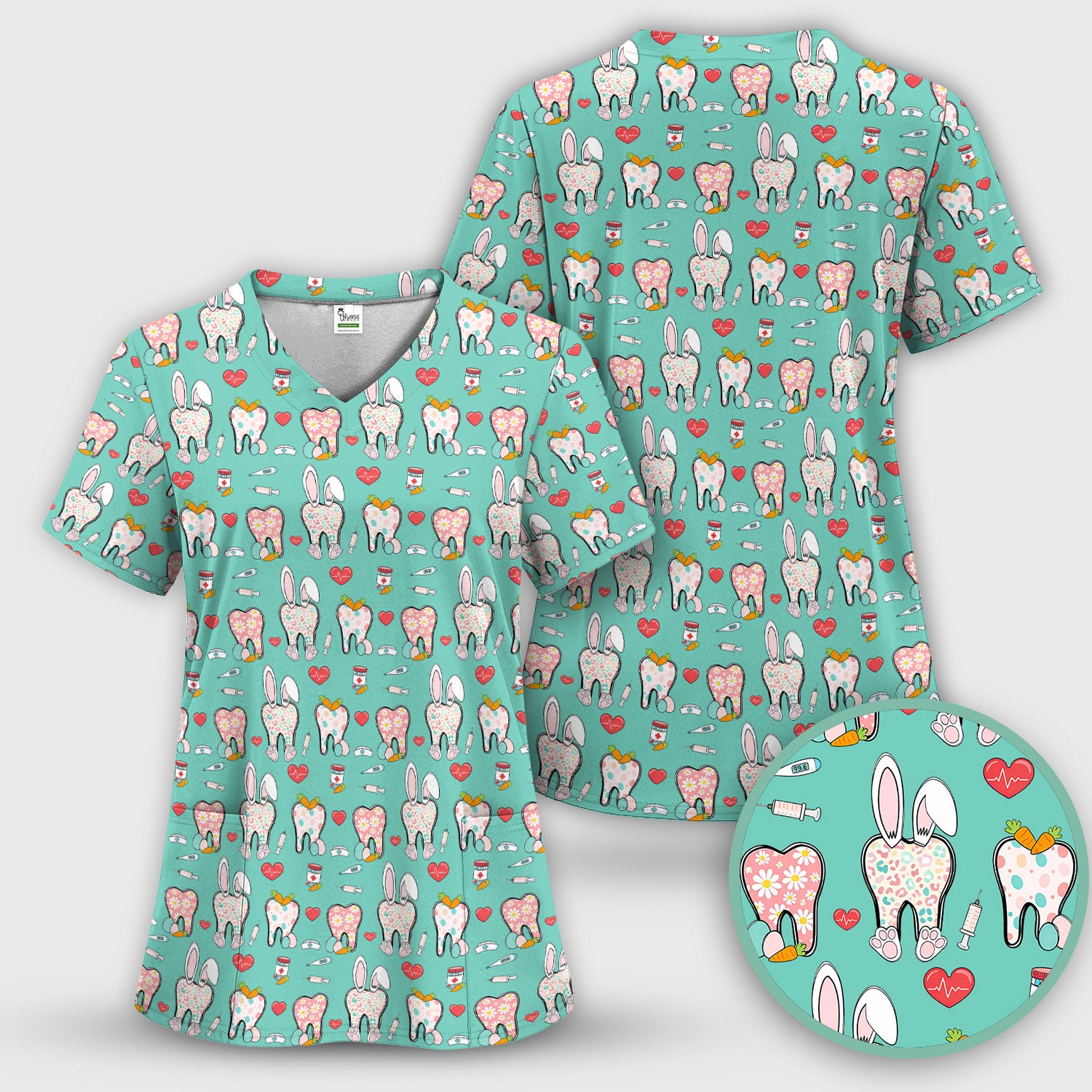 Playful Bunny Dentist Illustration Medical Scrub Top, Comfortable Scrubs for Nurses, Easter