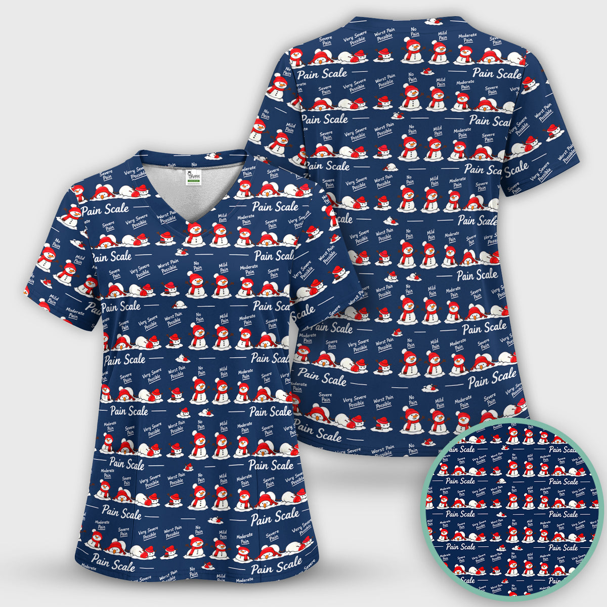 Funny Christmas Snowman Pain Scale Scrub Set, Scrub Pants and V Neck Top