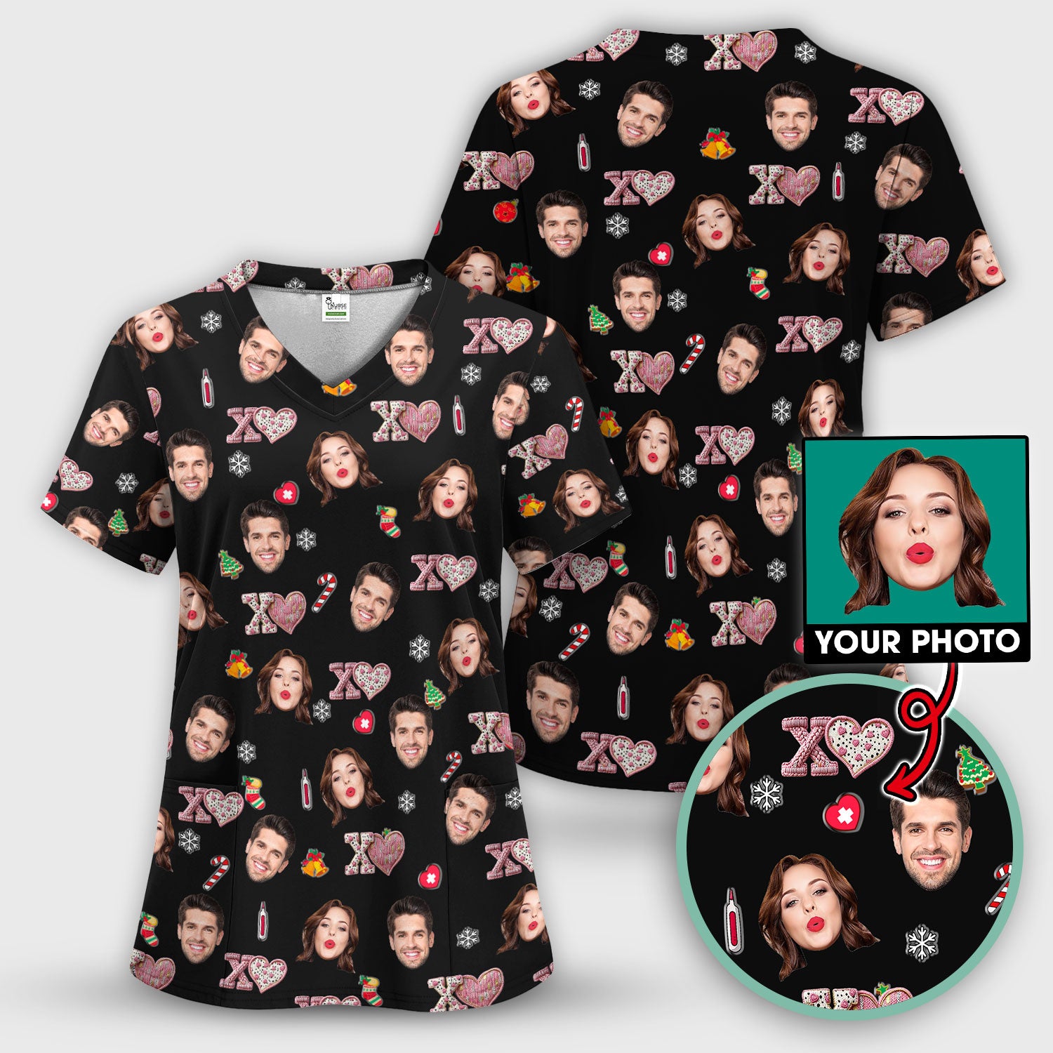 Custom Face Pattern XOXO Scrub Shirt, Personalized Photo Scrub Top, Breathable Fabrics Nursing Uniform