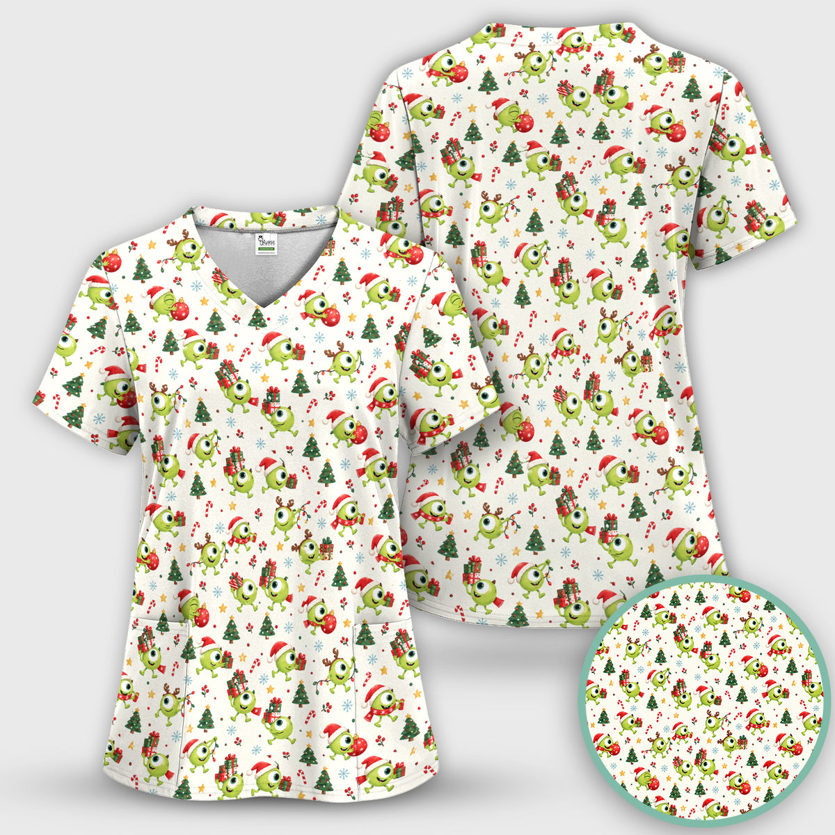 Christmas One Eyed Green Monsters Scrub Top, Comfortable Scrubs for Nurses